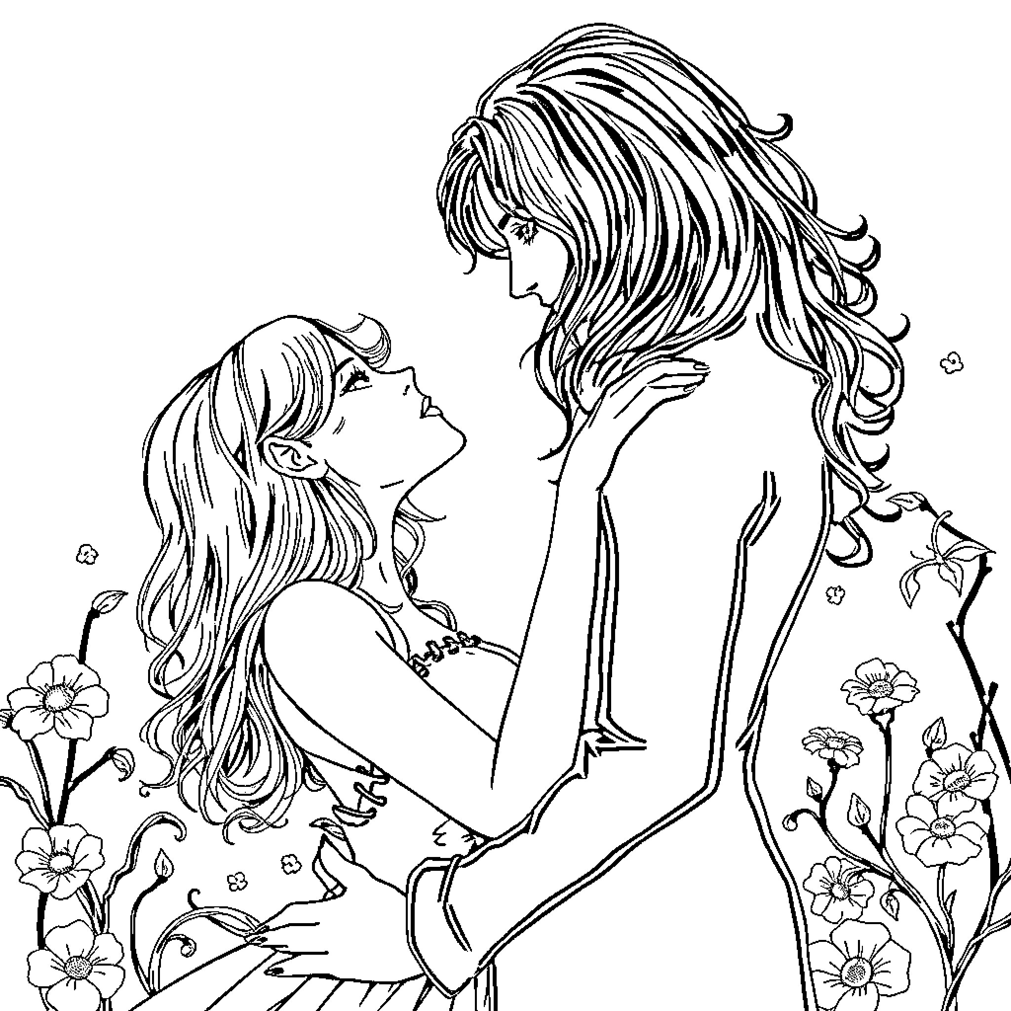 Romance in the Floral Embrace Coloring Page (free black-and-white line drawing printable PDF for all, from beginners to advanced learners, including children, teens, adults, and seniors)