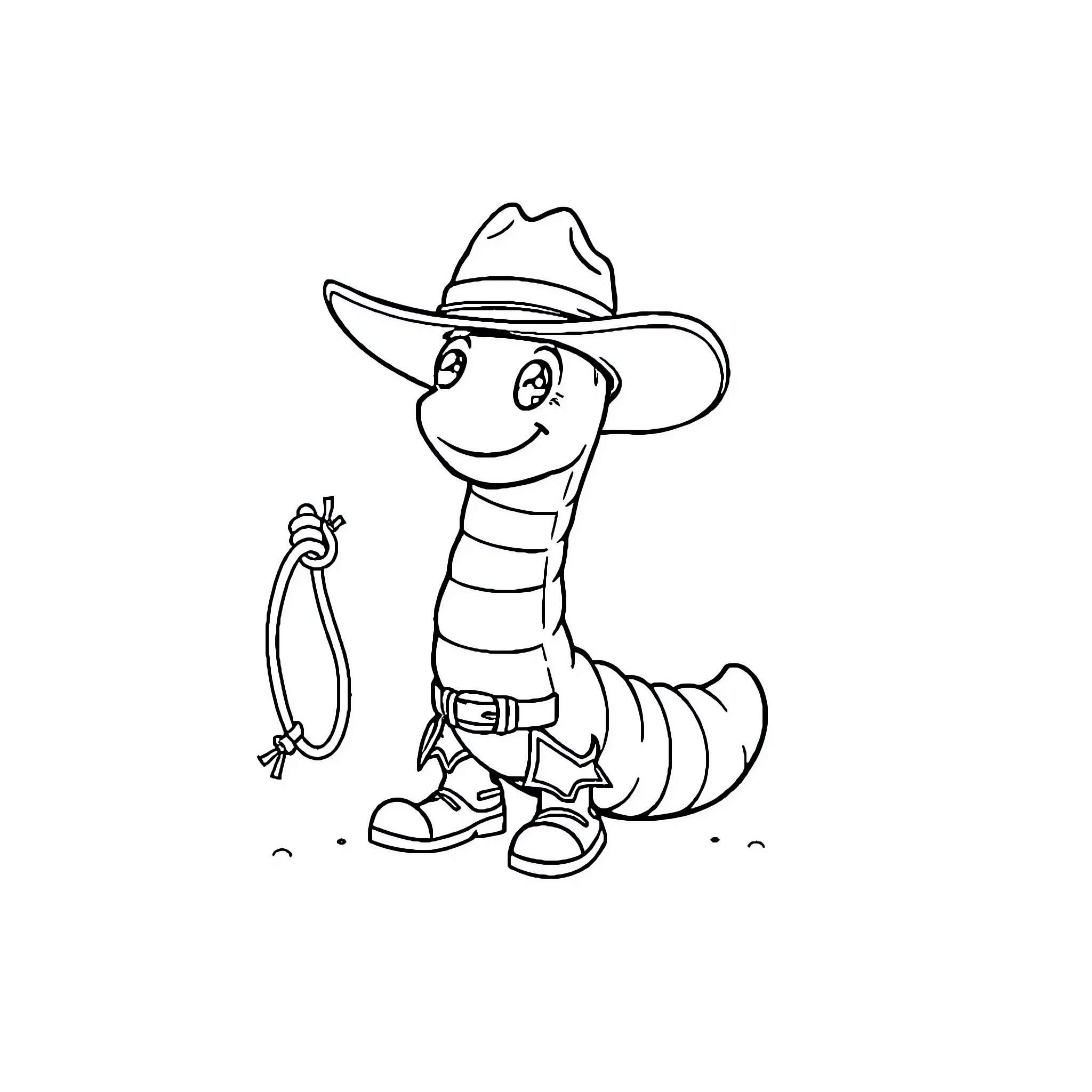 Worm cowboy happily exploring the outdoors Coloring Page (free black-and-white line drawing printable PDF for all, from beginners to advanced learners, including children, teens, adults, and seniors)