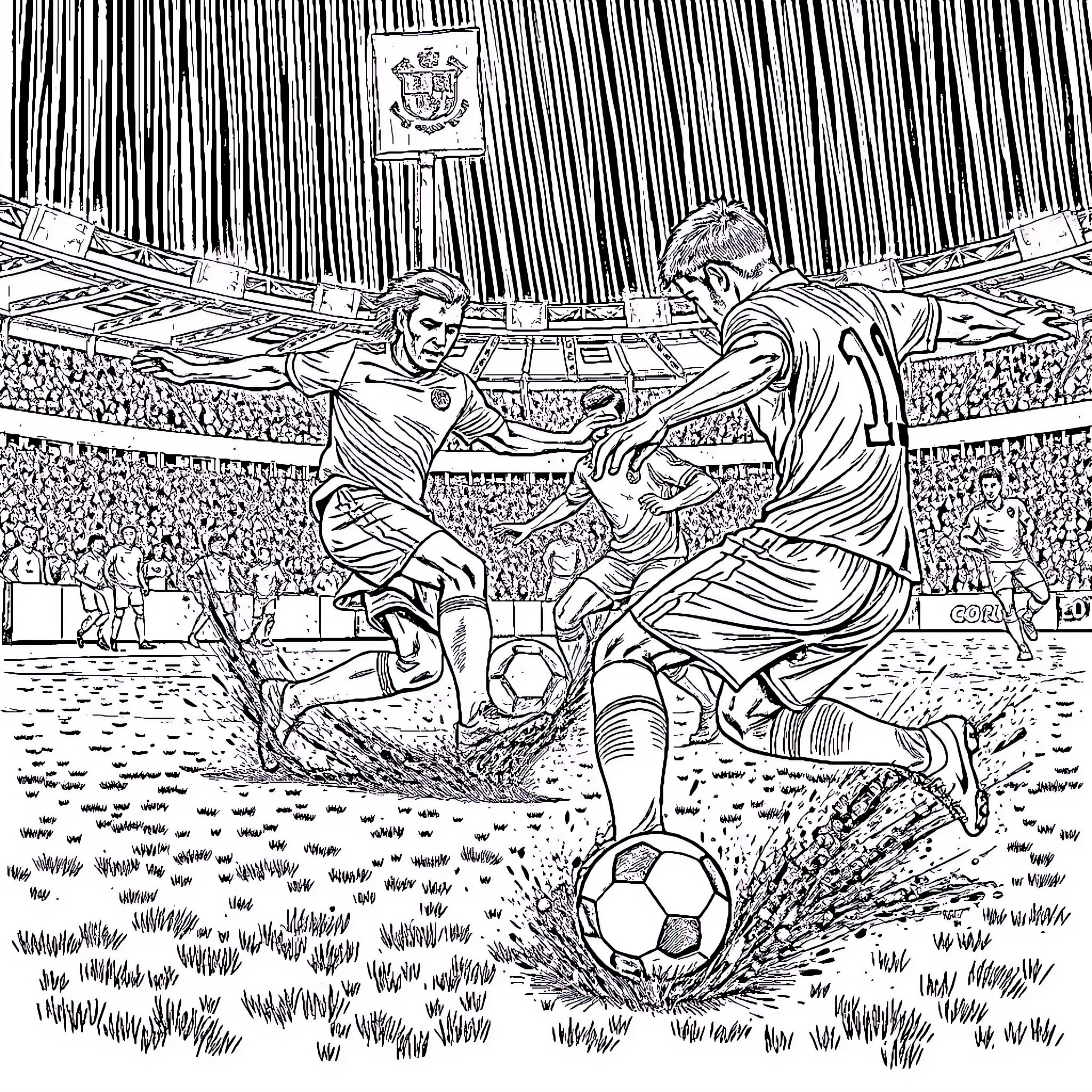 Football players in intense match on the field Coloring Page (free black-and-white line drawing printable PDF for all, from beginners to advanced learners, including children, teens, adults, and seniors)