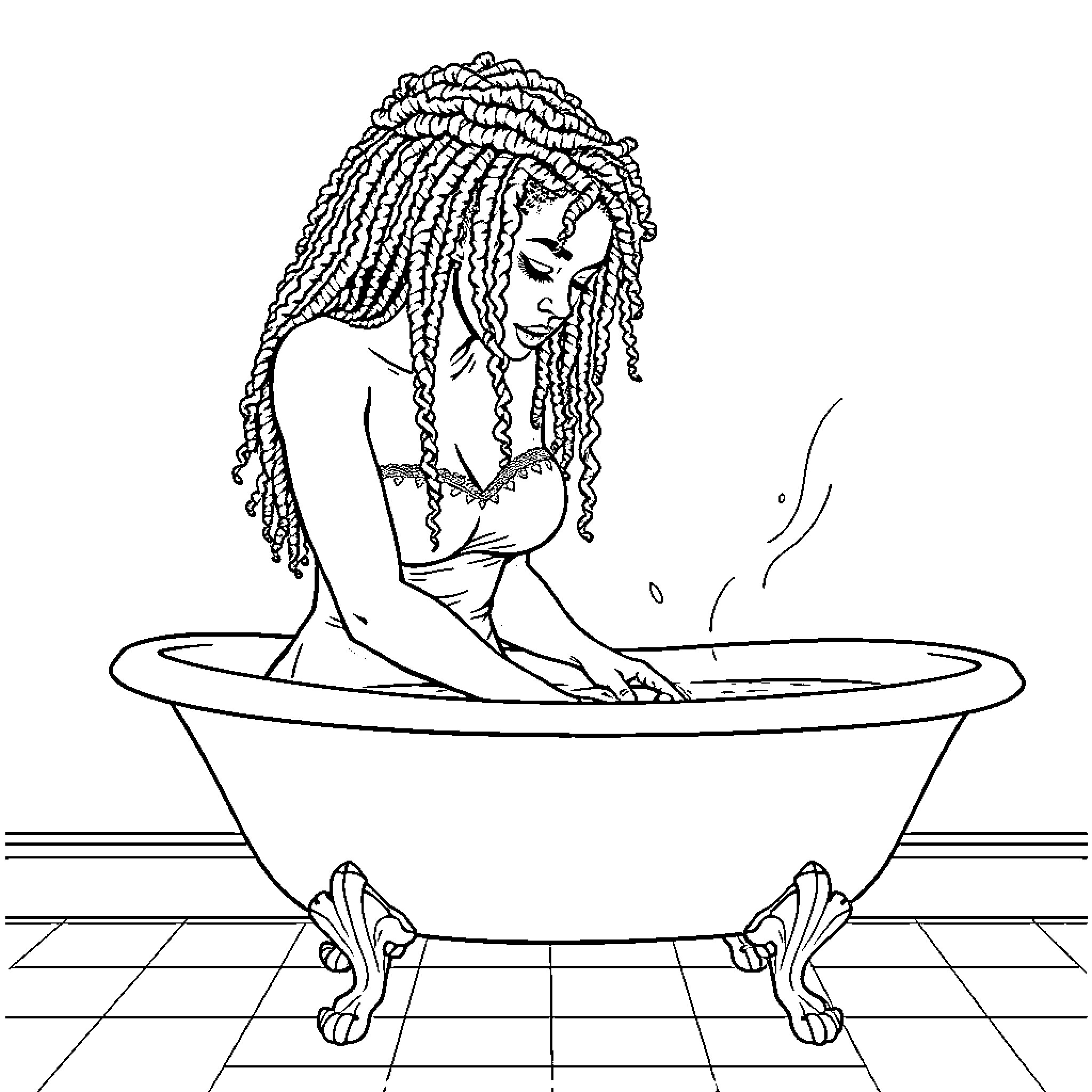 Woman relaxing in ornate bathtub Coloring Page (free black-and-white line drawing printable PDF for all, from beginners to advanced learners, including children, teens, adults, and seniors)