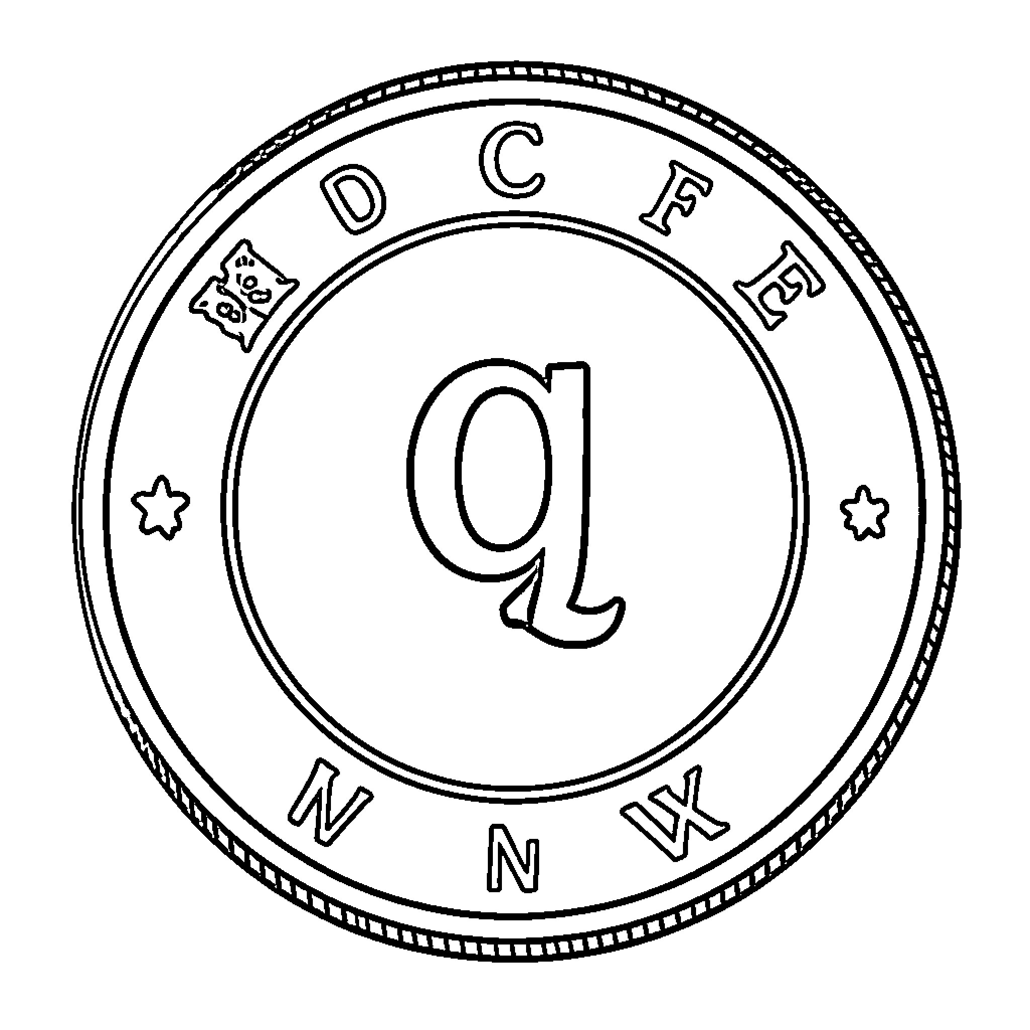 Quarter coin featuring letter a Coloring Page (free black-and-white line drawing printable PDF for all, from beginners to advanced learners, including children, teens, adults, and seniors)