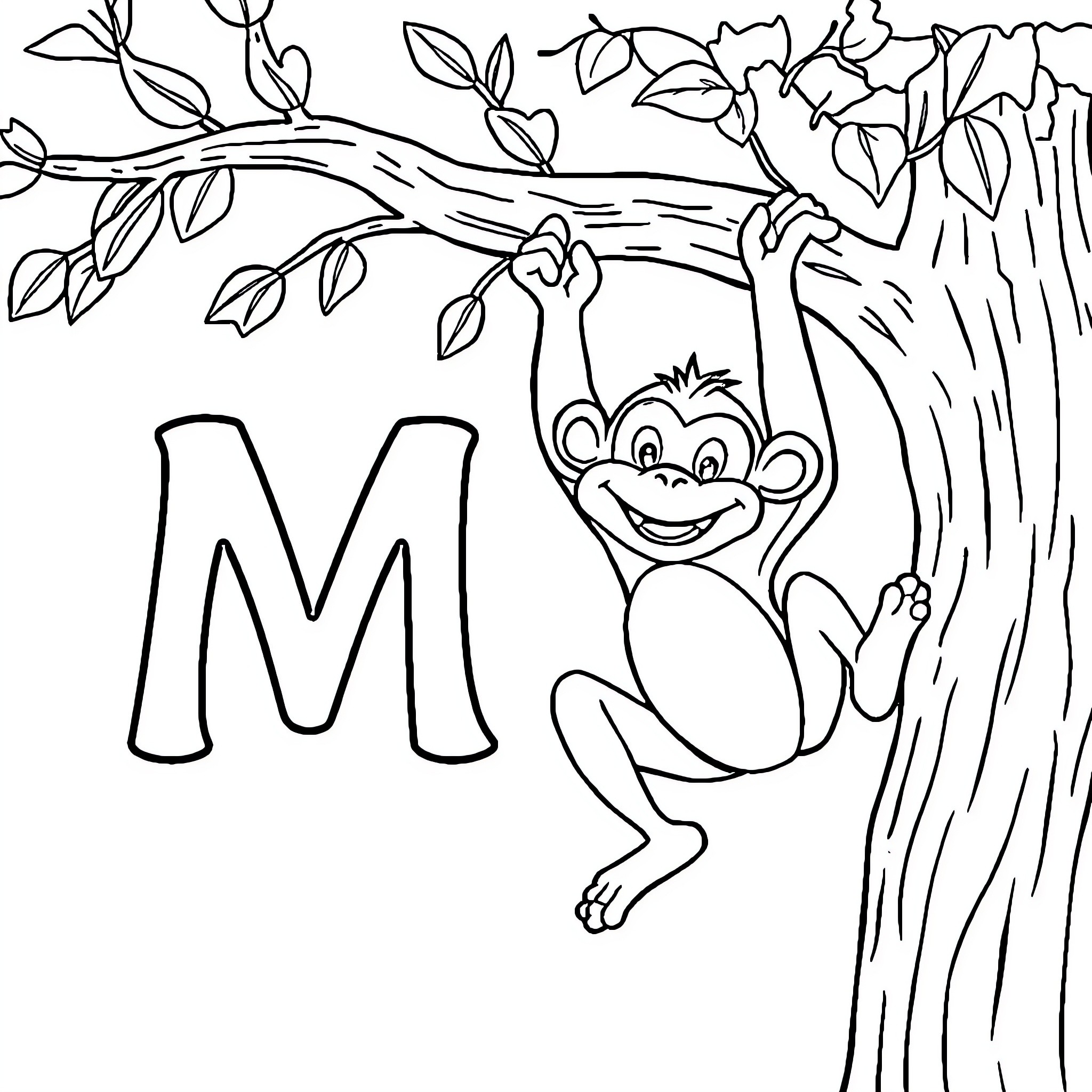 Monkey playing playfully on tree branch Coloring Page (free black-and-white line drawing printable PDF for all, from beginners to advanced learners, including children, teens, adults, and seniors)