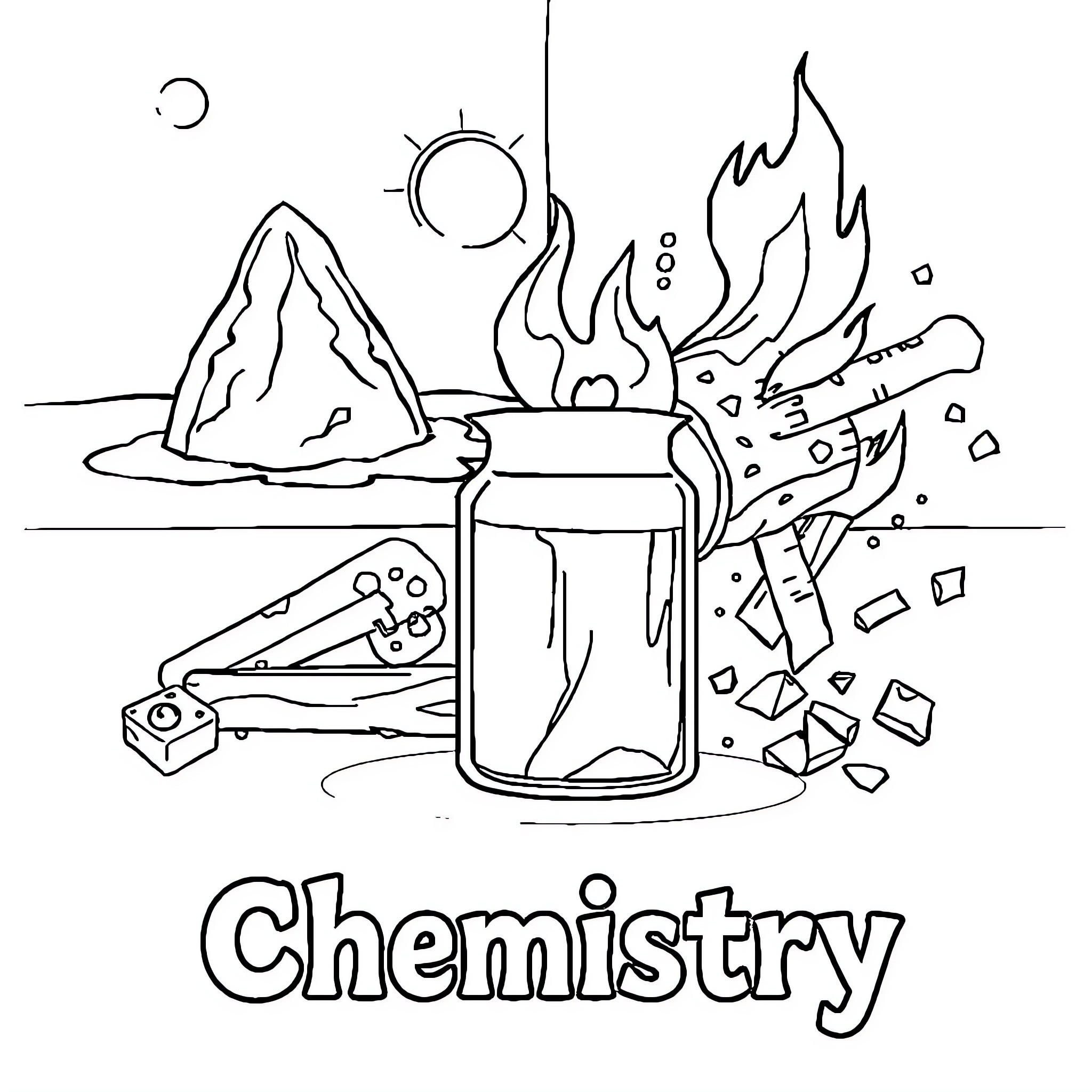 Chemistry Experiment with Flames and Glassware Coloring Page (free black-and-white line drawing printable PDF for all, from beginners to advanced learners, including children, teens, adults, and seniors)