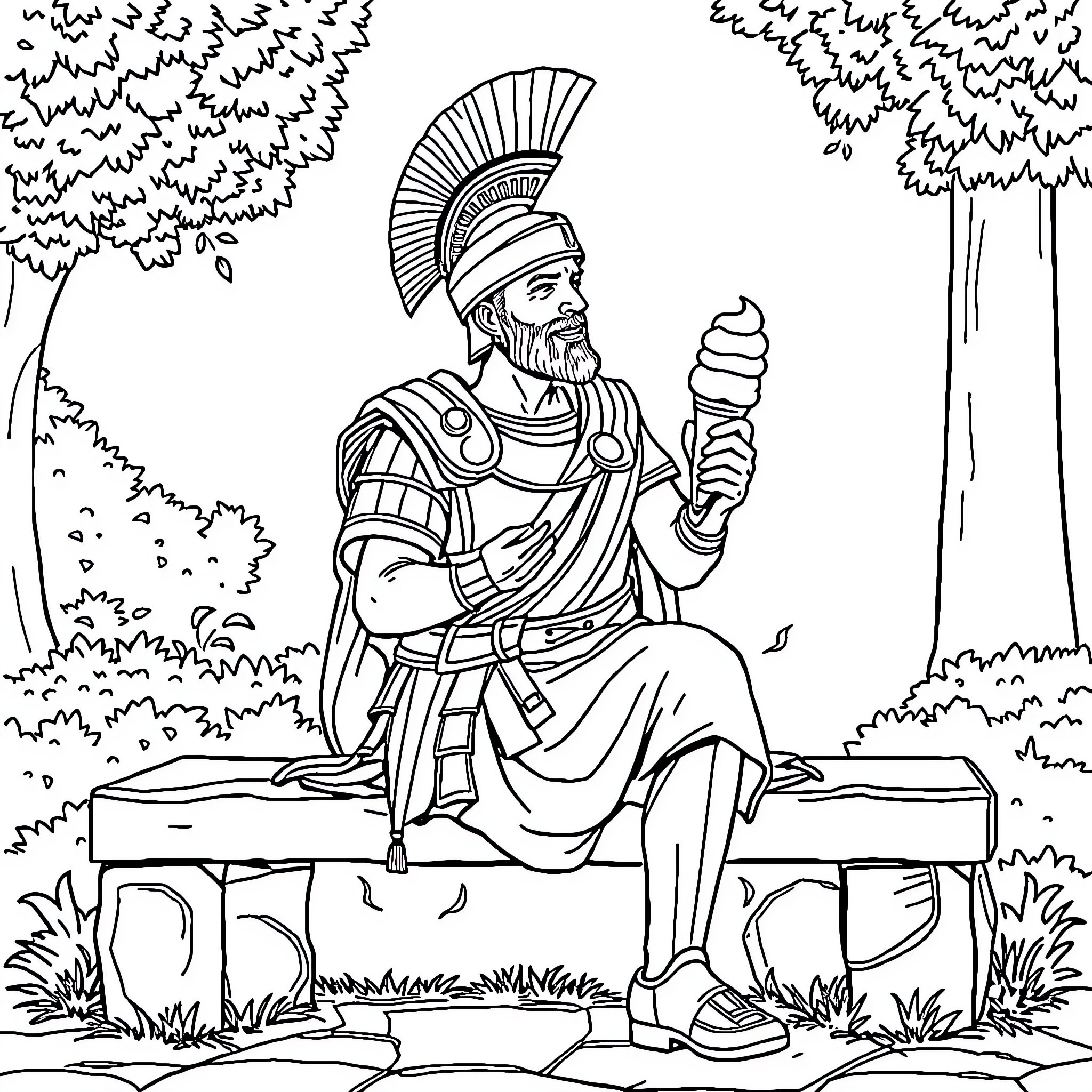 Roman Soldier Resting on a Bench in the Forest Coloring Page (free black-and-white line drawing printable PDF for all, from beginners to advanced learners, including children, teens, adults, and seniors)