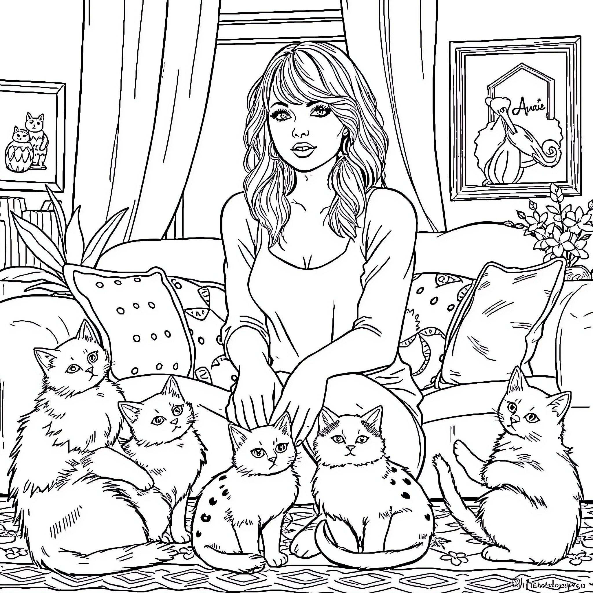 Taylor Swift posing with a group of adorable cats Coloring Page (free black-and-white line drawing printable PDF for all, from beginners to advanced learners, including children, teens, adults, and seniors)