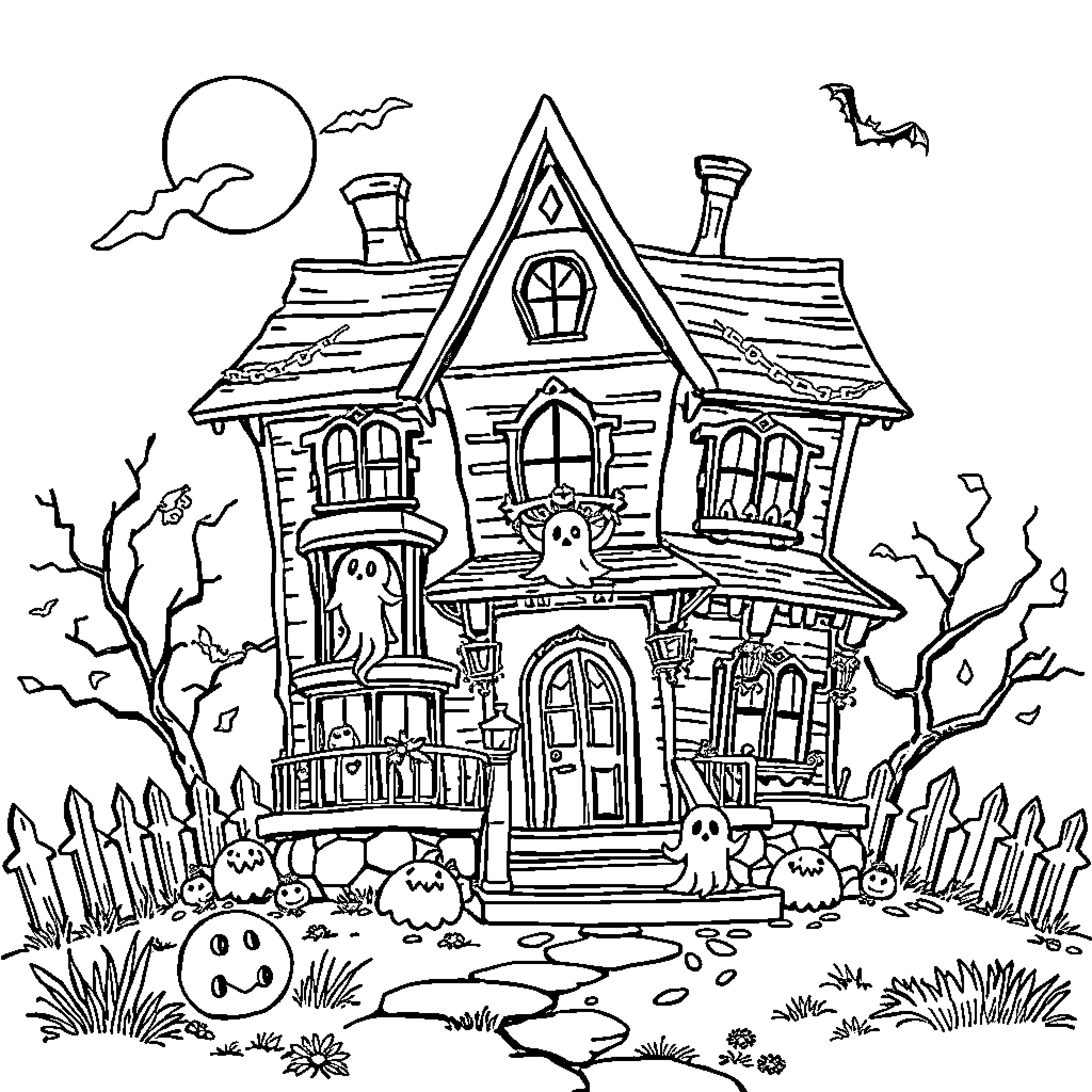 Haunted House with Ghostly Residents and Spooky Atmosphere Coloring Page (free black-and-white line drawing printable PDF for all, from beginners to advanced learners, including children, teens, adults, and seniors)
