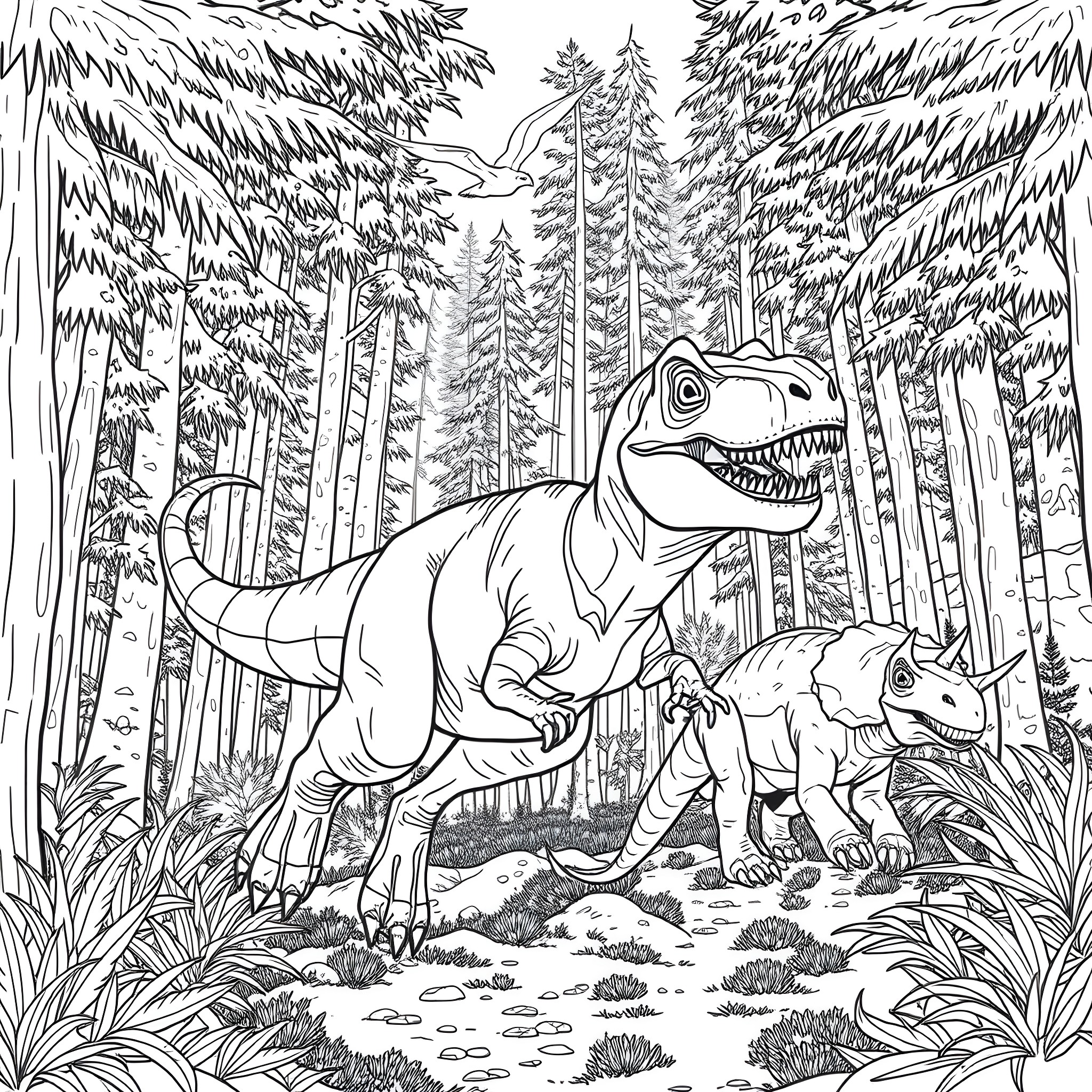 T-Rex Roaming Prehistoric Forest with Baby Dinos Coloring Page (free black-and-white line drawing printable PDF for all, from beginners to advanced learners, including children, teens, adults, and seniors)
