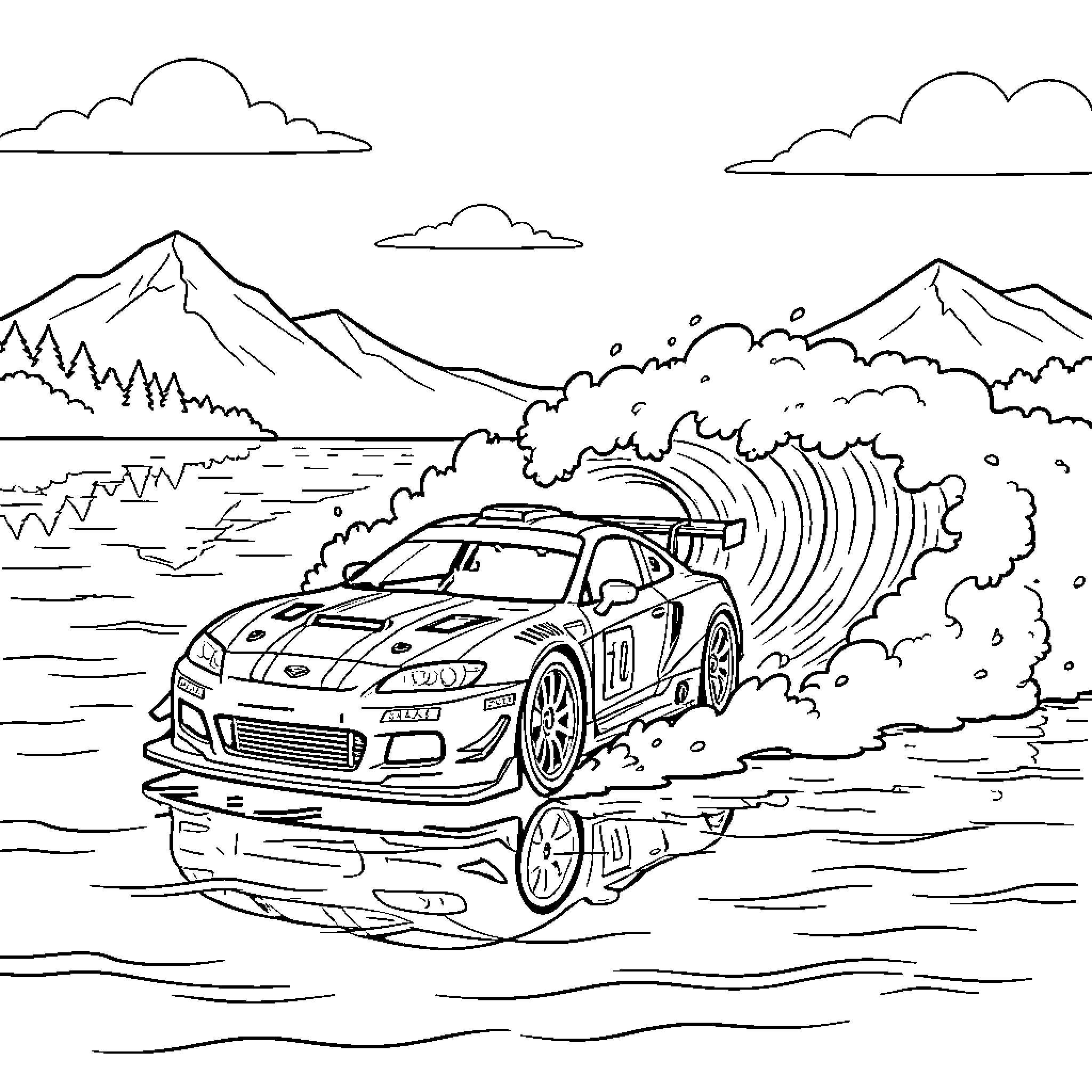 Racing Car speeding through water splashes near mountains Coloring Page (free black-and-white line drawing printable PDF for all, from beginners to advanced learners, including children, teens, adults, and seniors)