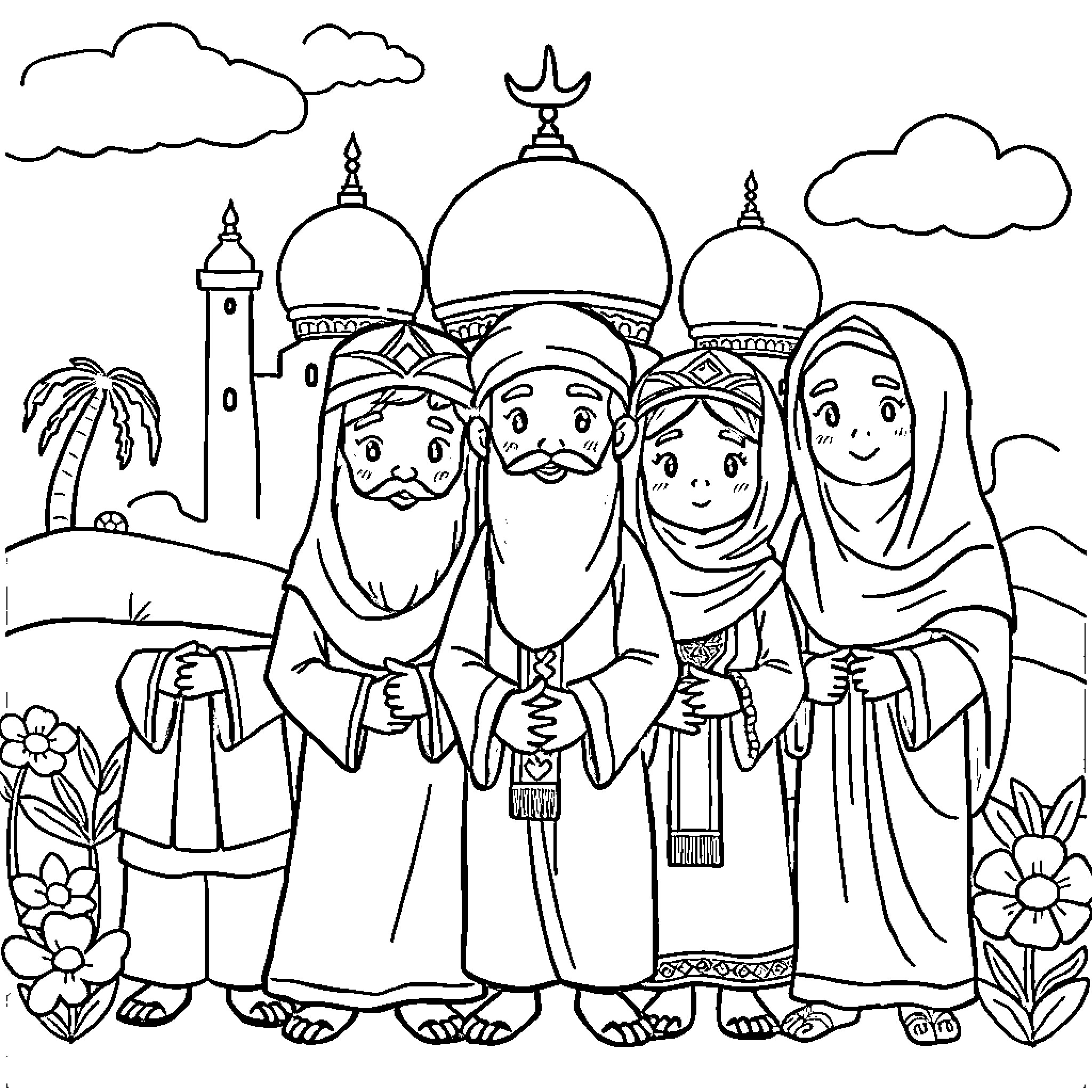 Islamic Cartoon of a Traditional Family Gathering Coloring Page (free black-and-white line drawing printable PDF for all, from beginners to advanced learners, including children, teens, adults, and seniors)