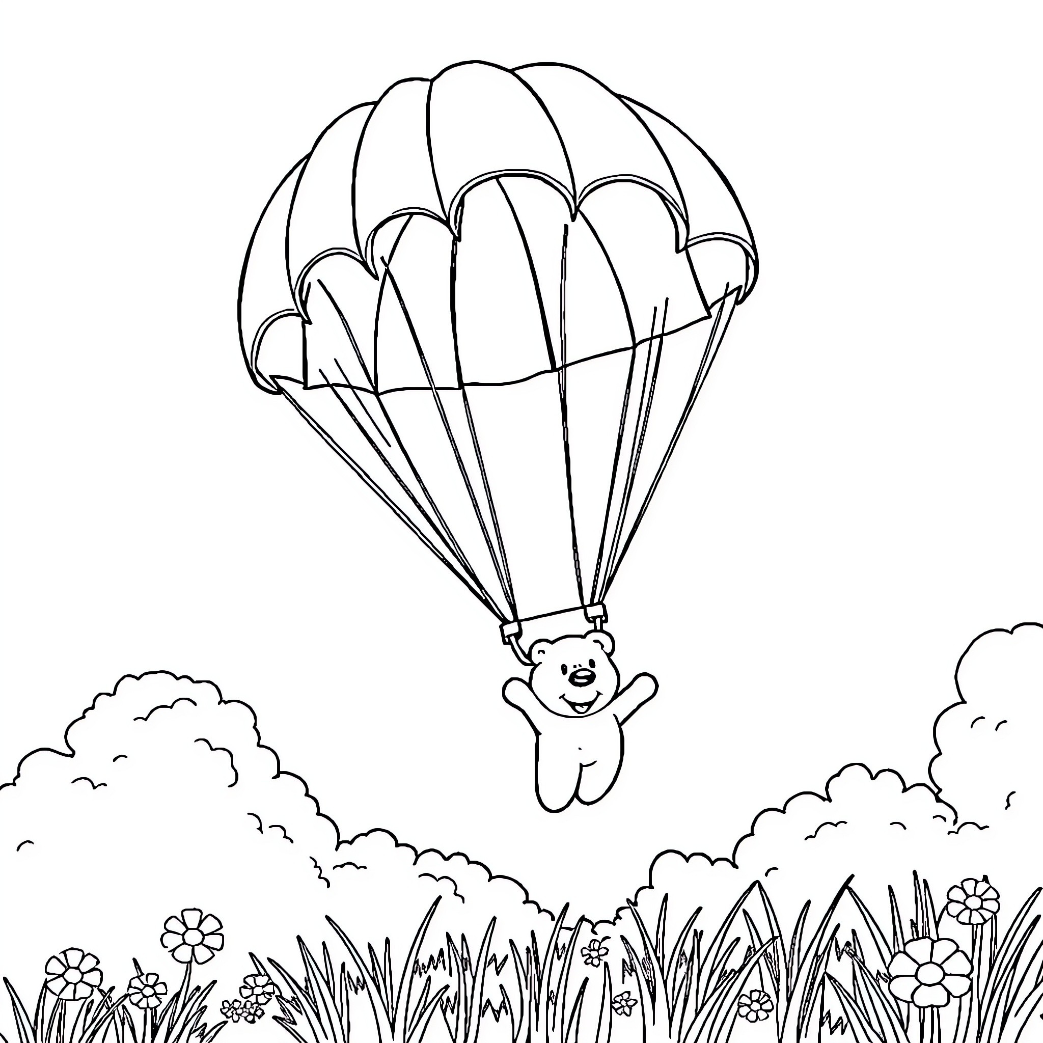 Parachute bear floating down to meadow Coloring Page (free black-and-white line drawing printable PDF for all, from beginners to advanced learners, including children, teens, adults, and seniors)