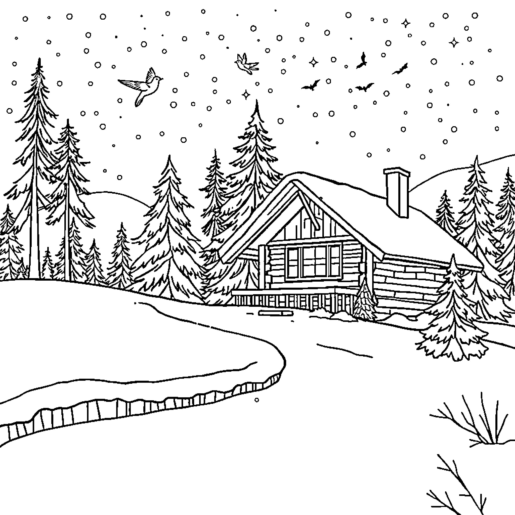 Christmas Landscape with Snowy Cabin and Wildlife Coloring Page (free black-and-white line drawing printable PDF for all, from beginners to advanced learners, including children, teens, adults, and seniors)
