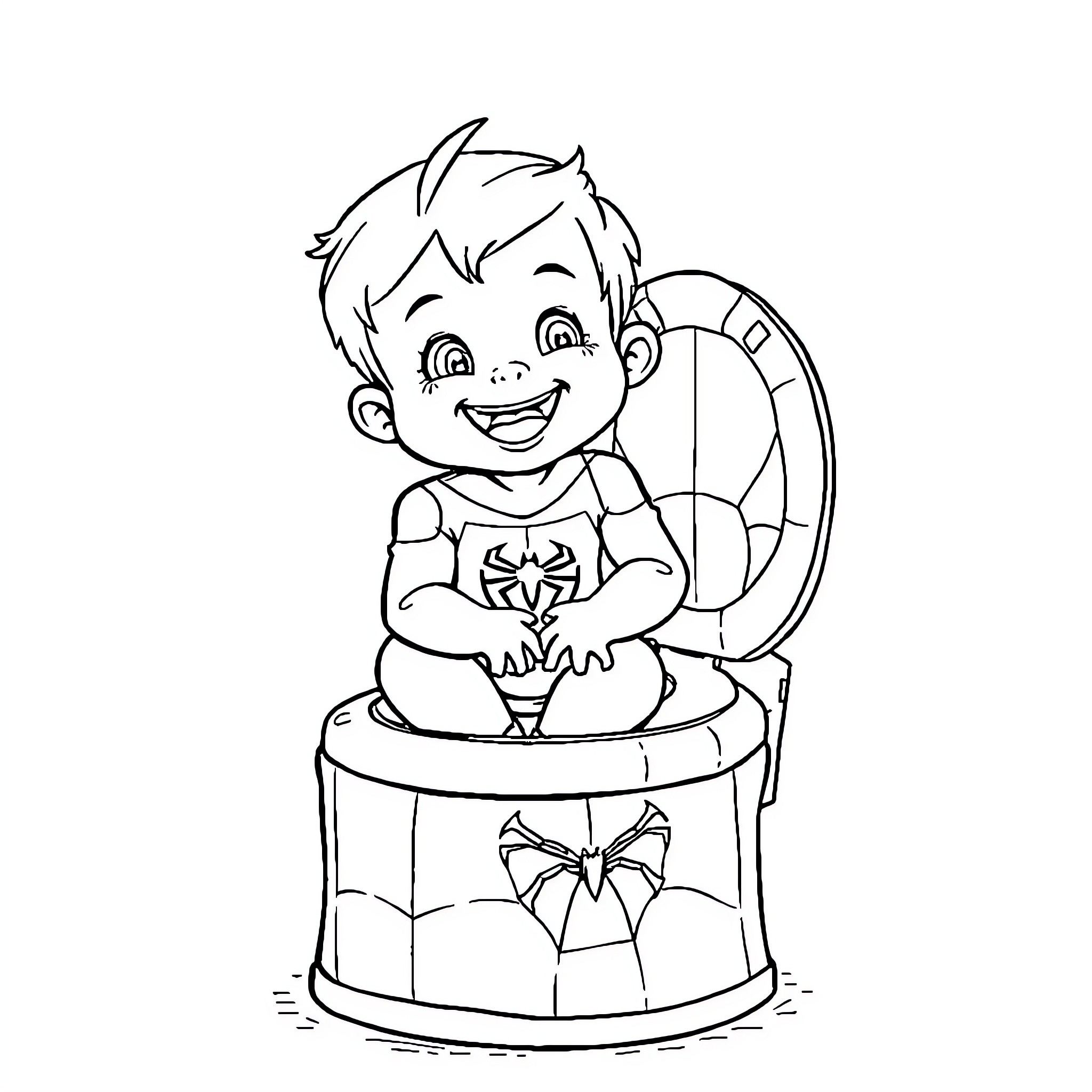 Spiderman Sitting on a Gift Box Coloring Page (free black-and-white line drawing printable PDF for all, from beginners to advanced learners, including children, teens, adults, and seniors)