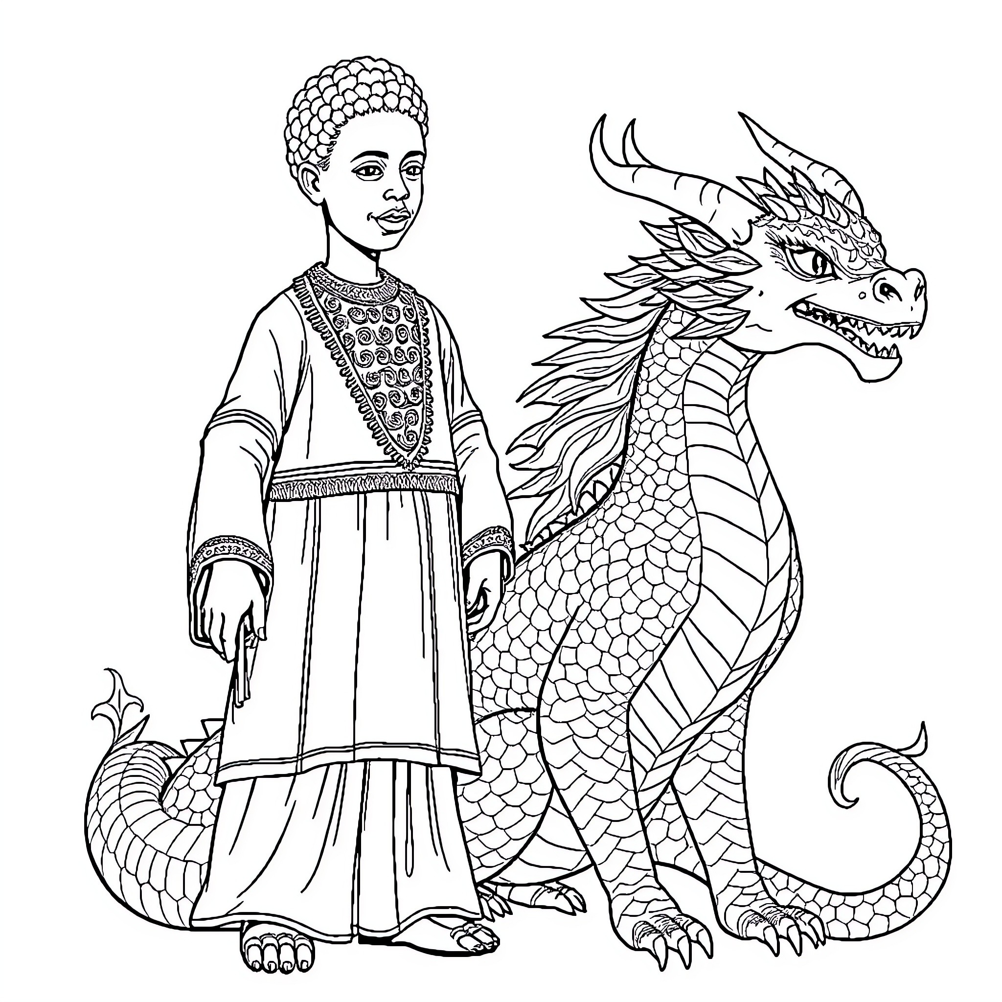 Mandala of a Regal Figure with a Fantastical Dragon Coloring Page (free black-and-white line drawing printable PDF for all, from beginners to advanced learners, including children, teens, adults, and seniors)