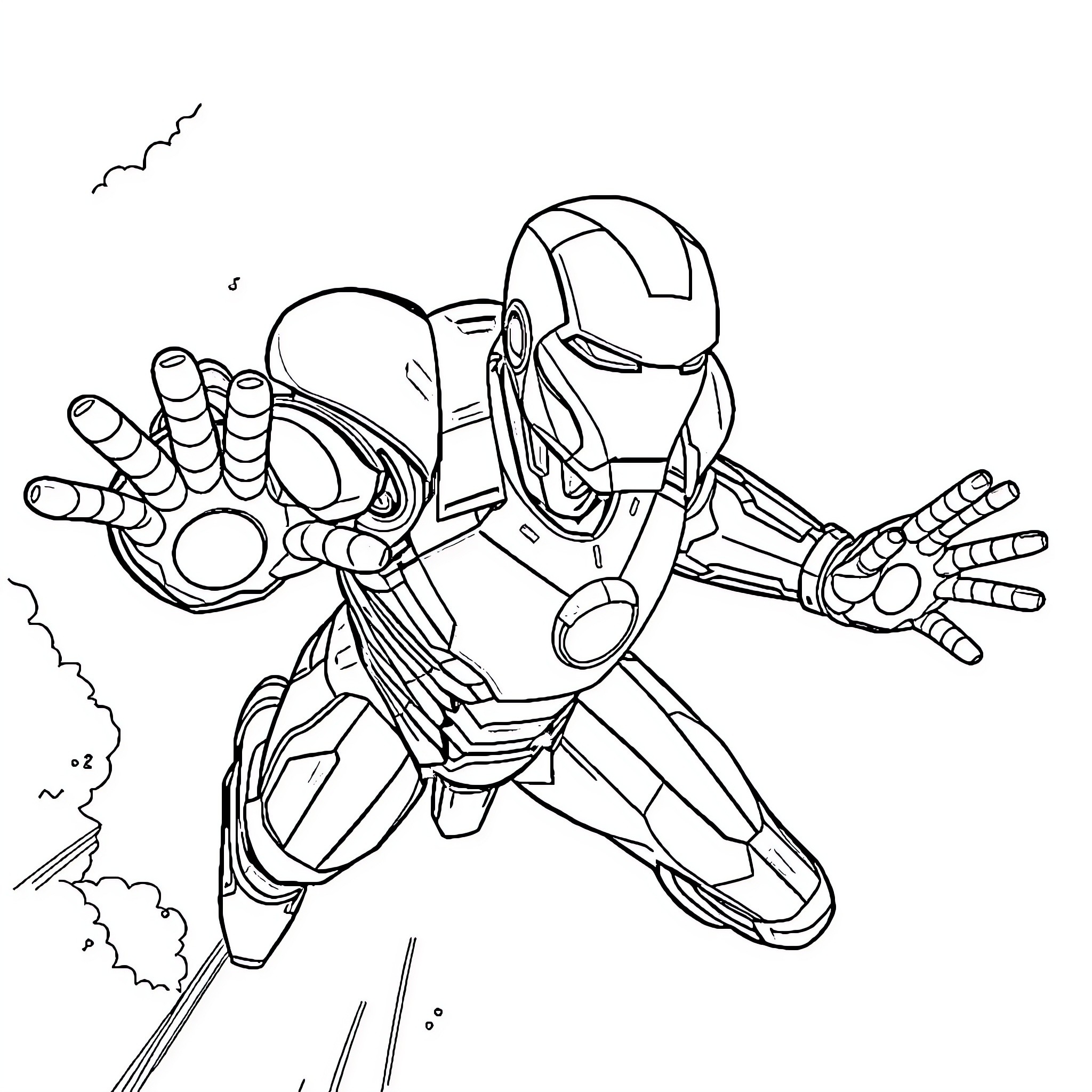 Iron Man Taking Flight in Action Pose Coloring Page (free black-and-white line drawing printable PDF for all, from beginners to advanced learners, including children, teens, adults, and seniors)