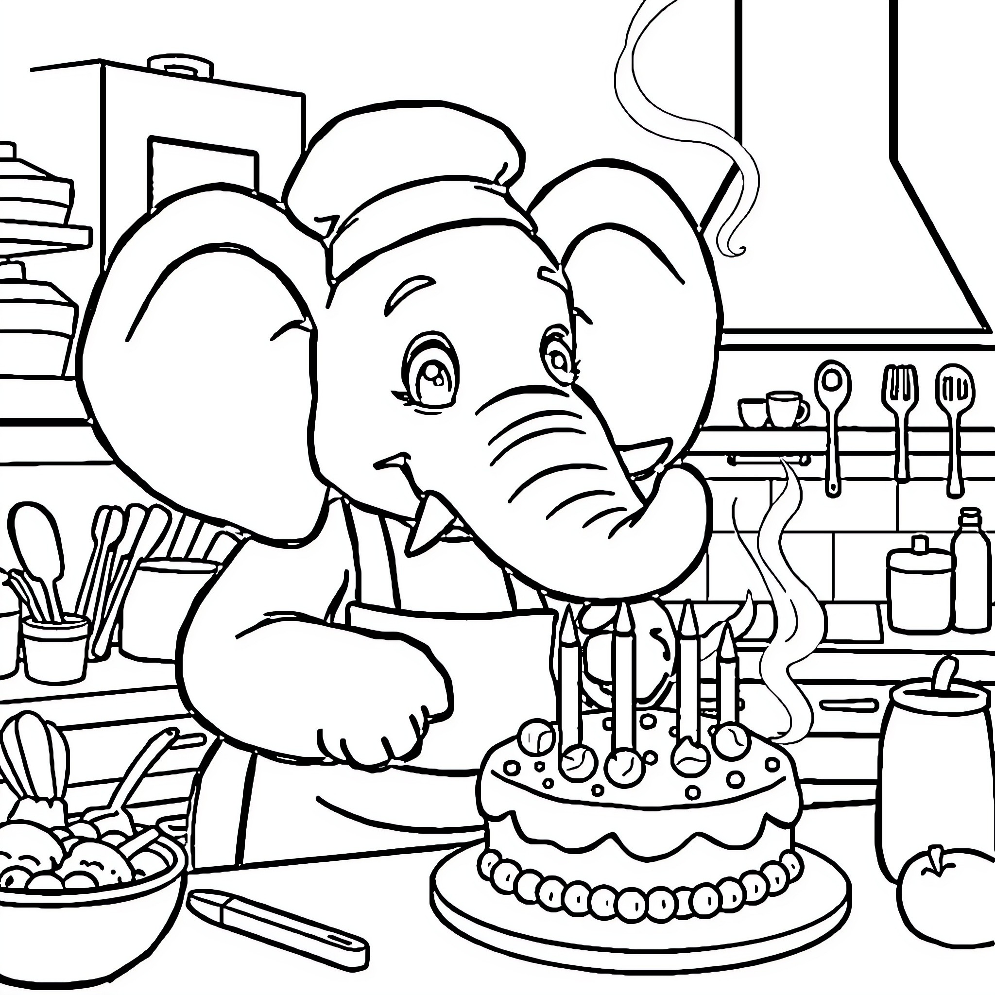 Elephant Baking a Cake in the Kitchen Coloring Page (free black-and-white line drawing printable PDF for all, from beginners to advanced learners, including children, teens, adults, and seniors)