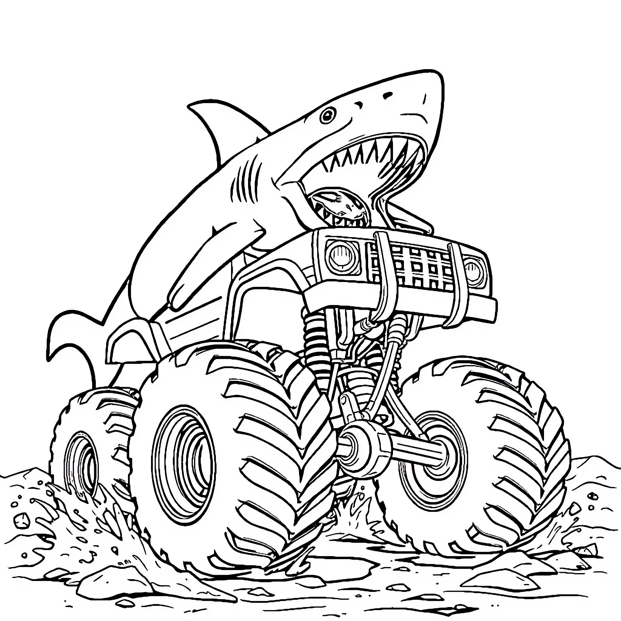 Shark driving a monster truck Coloring Page (free black-and-white line drawing printable PDF for all, from beginners to advanced learners, including children, teens, adults, and seniors)