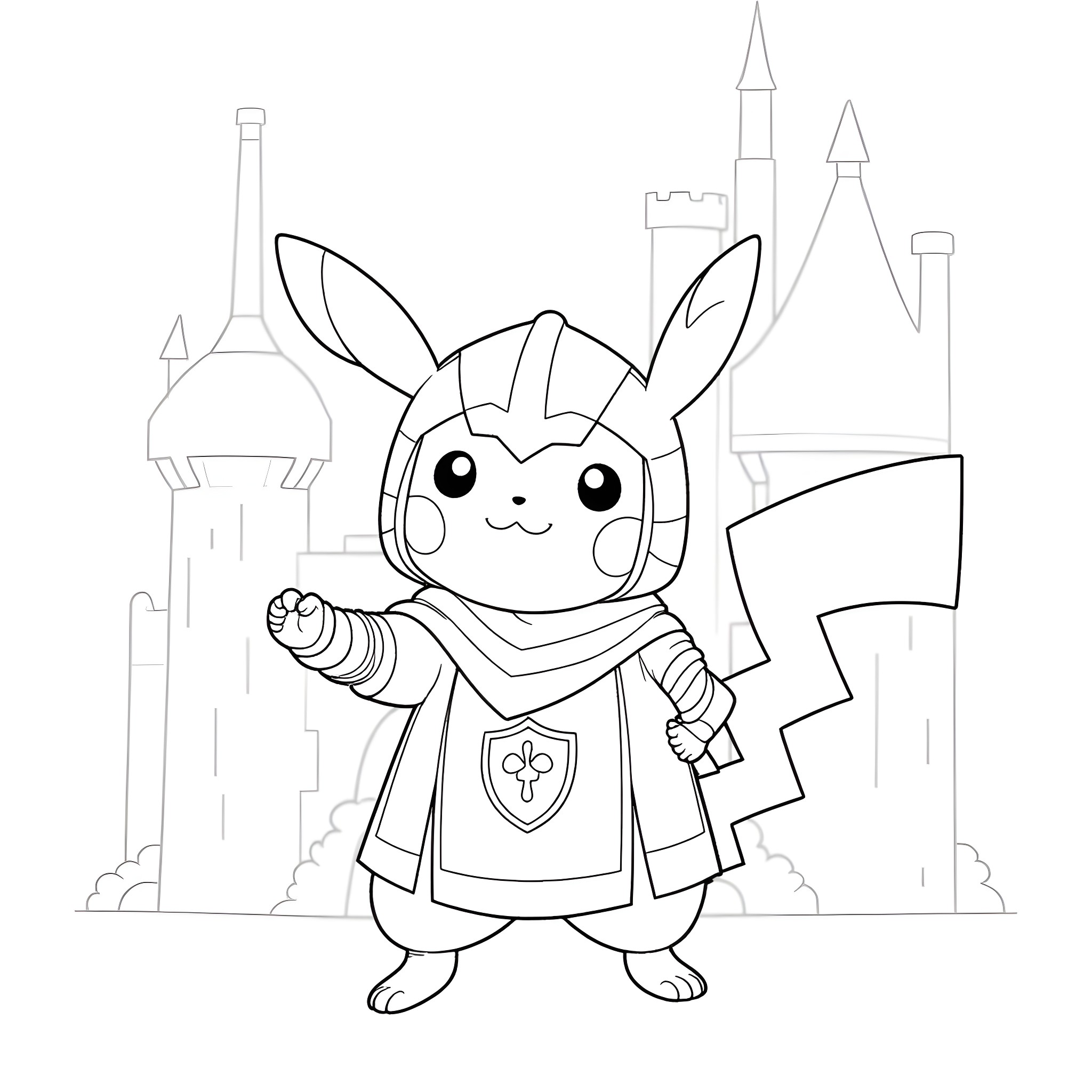 Pikachu as a heroic knight in a fantasy castle Coloring Page (free black-and-white line drawing printable PDF for all, from beginners to advanced learners, including children, teens, adults, and seniors)