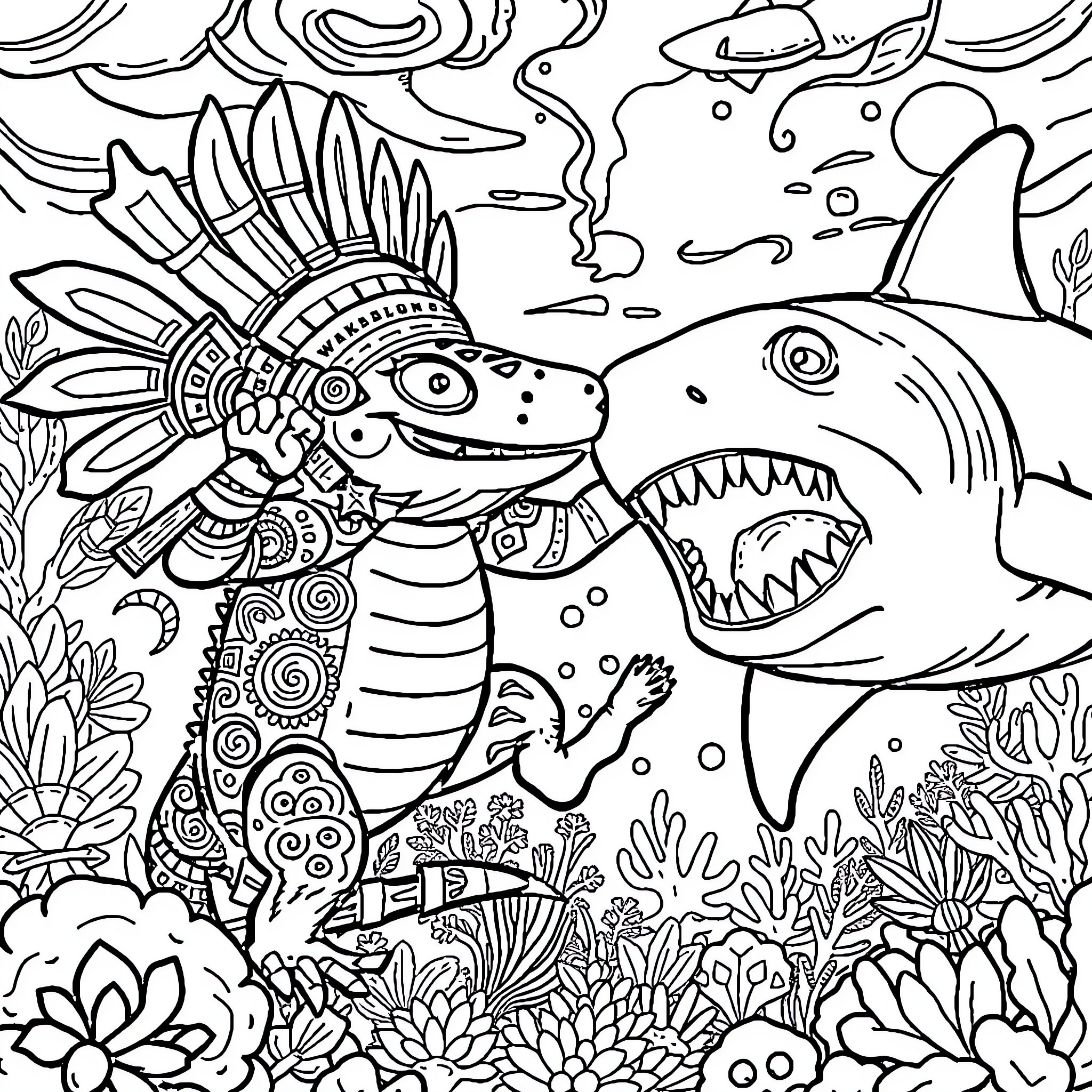 Axolotl and Shark in Underwater Wonderland Coloring Page (free black-and-white line drawing printable PDF for all, from beginners to advanced learners, including children, teens, adults, and seniors)