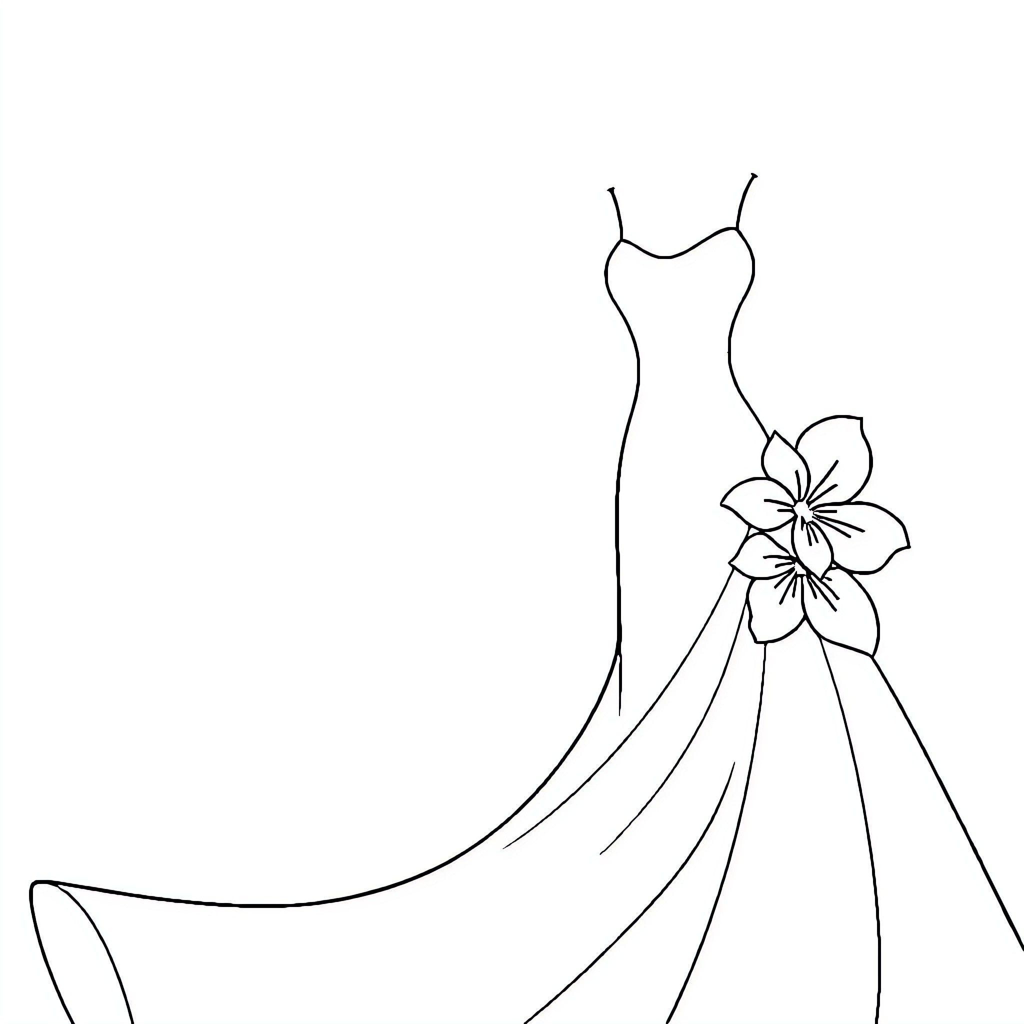 Dress with floral design and flowing silhouette Coloring Page (free black-and-white line drawing printable PDF for all, from beginners to advanced learners, including children, teens, adults, and seniors)