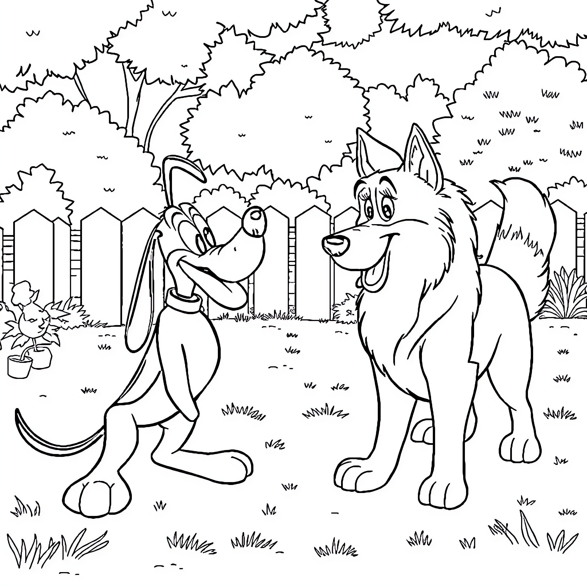 Pluto's Playful Pals in the Backyard Coloring Page (free black-and-white line drawing printable PDF for all, from beginners to advanced learners, including children, teens, adults, and seniors)