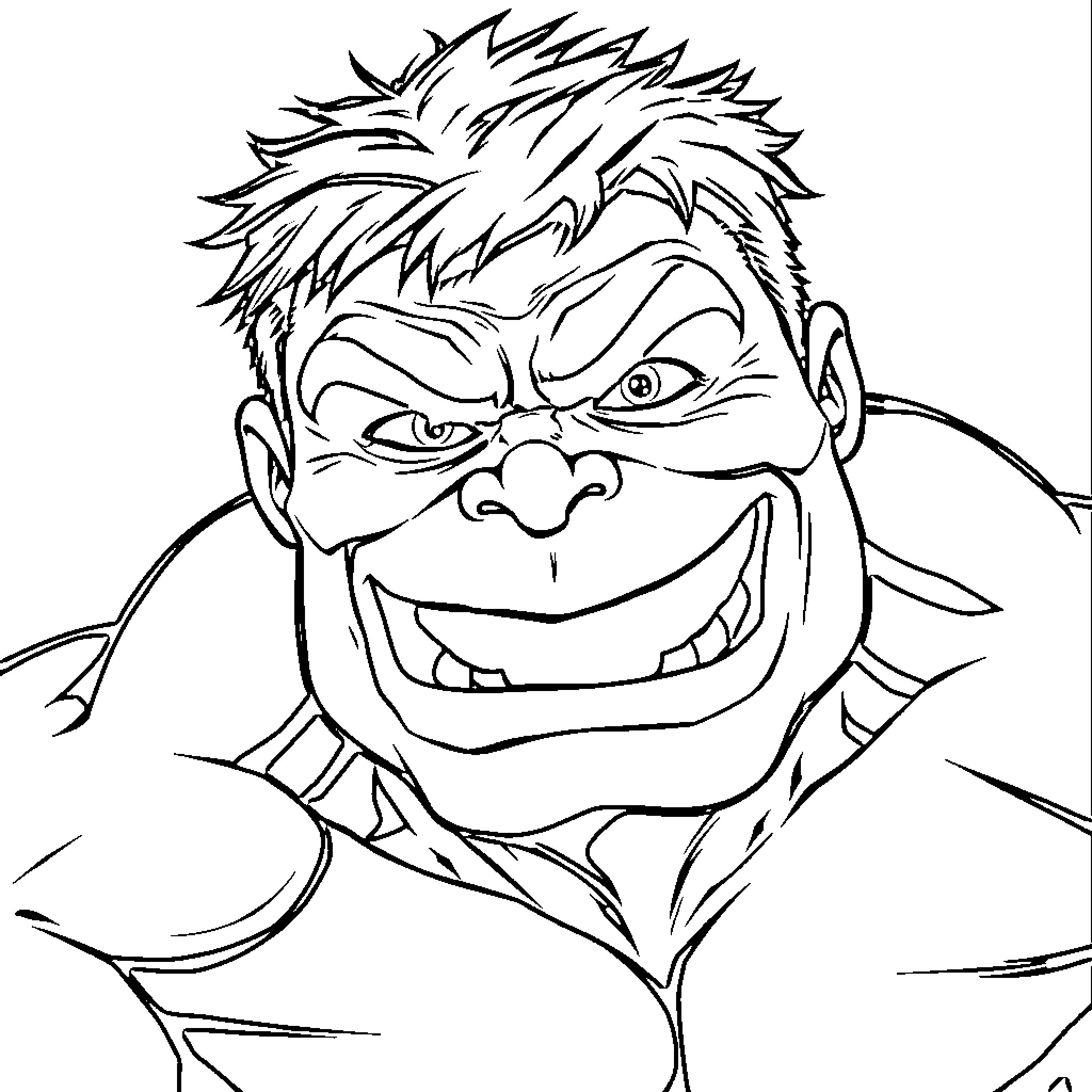 Hulk's mischievous expression and tattered outfit Coloring Page (free black-and-white line drawing printable PDF for all, from beginners to advanced learners, including children, teens, adults, and seniors)