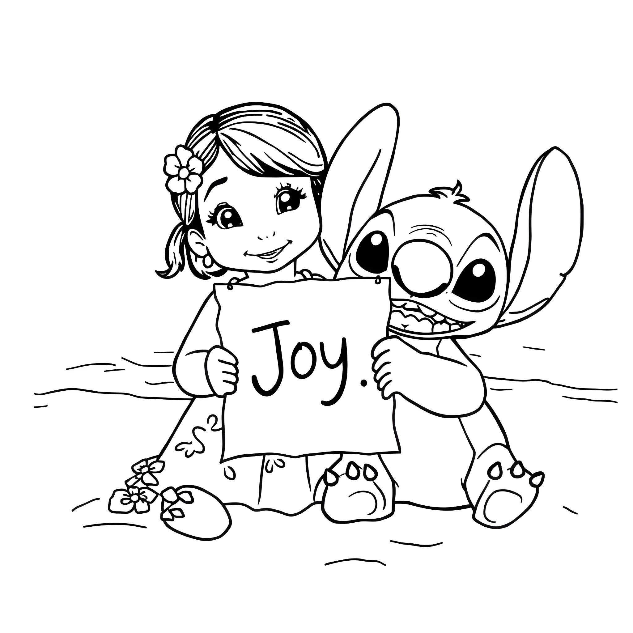 Lilo and Stitch sharing joy together Coloring Page (free black-and-white line drawing printable PDF for all, from beginners to advanced learners, including children, teens, adults, and seniors)