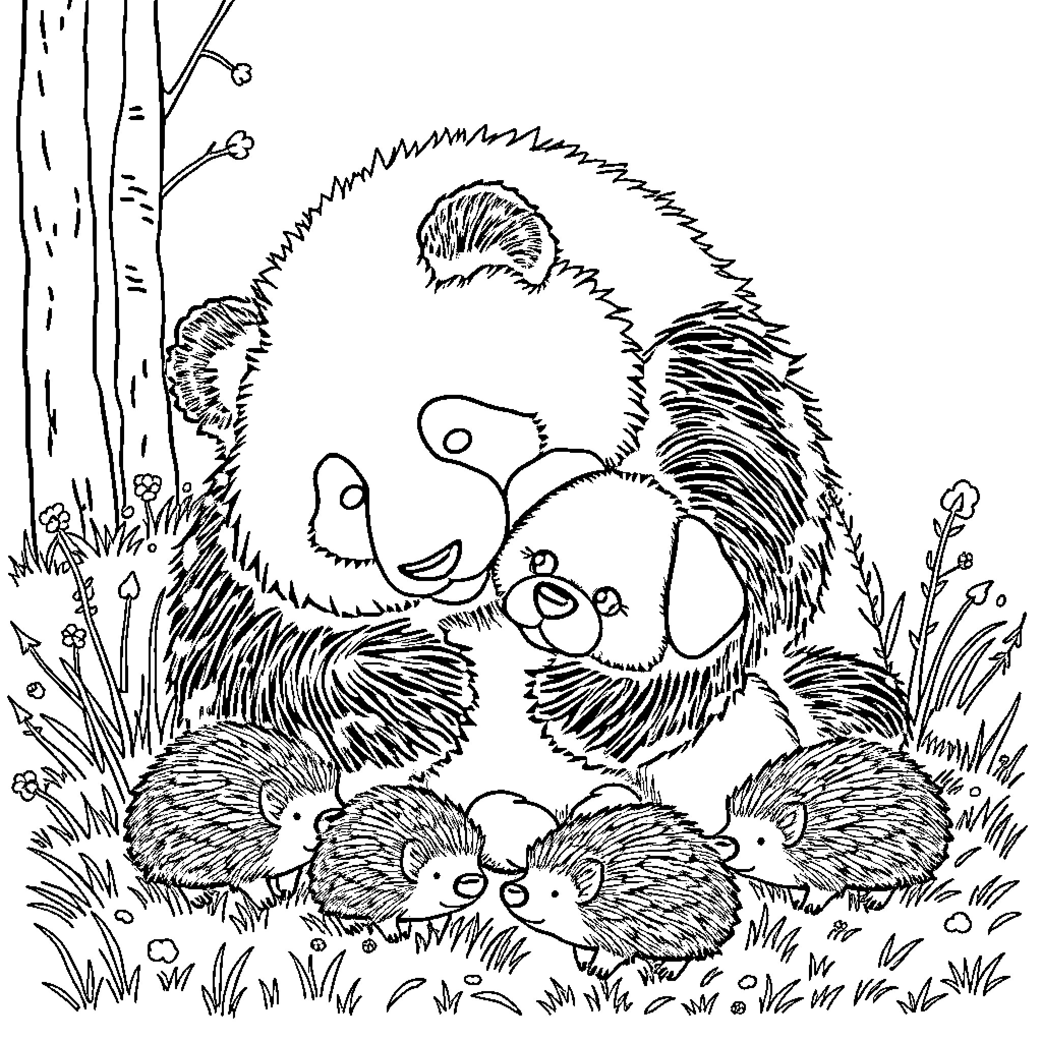 Panda family cuddling in the forest Coloring Page (free black-and-white line drawing printable PDF for all, from beginners to advanced learners, including children, teens, adults, and seniors)