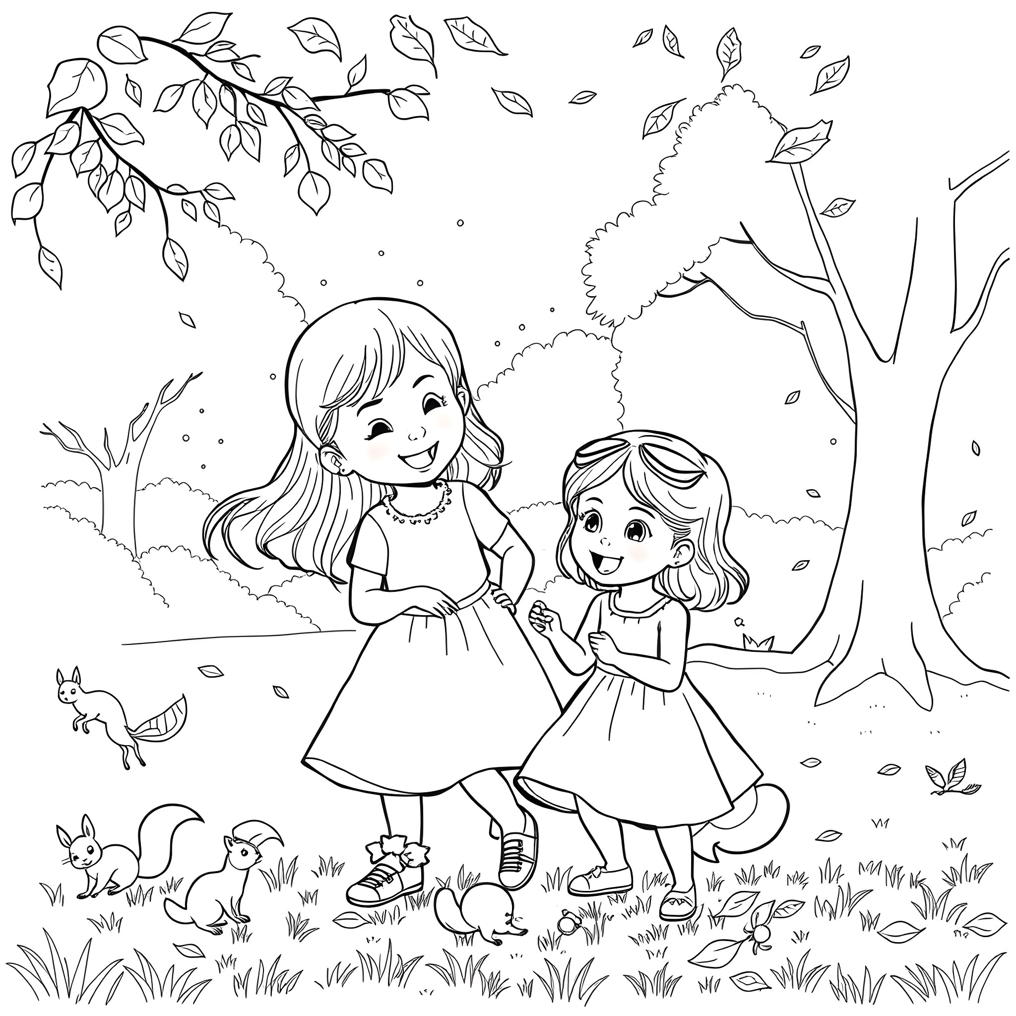 Sister Strolling Through a Wooded Park Coloring Page (free black-and-white line drawing printable PDF for all, from beginners to advanced learners, including children, teens, adults, and seniors)