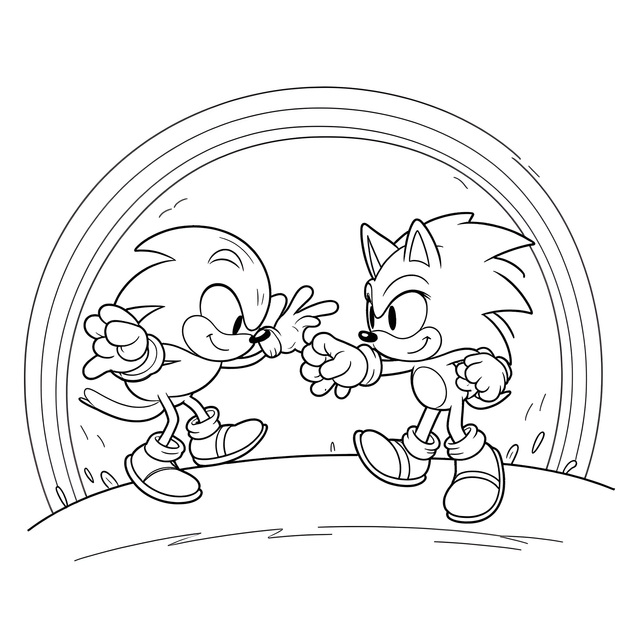 Sonic characters in playful action Coloring Page (free black-and-white line drawing printable PDF for all, from beginners to advanced learners, including children, teens, adults, and seniors)