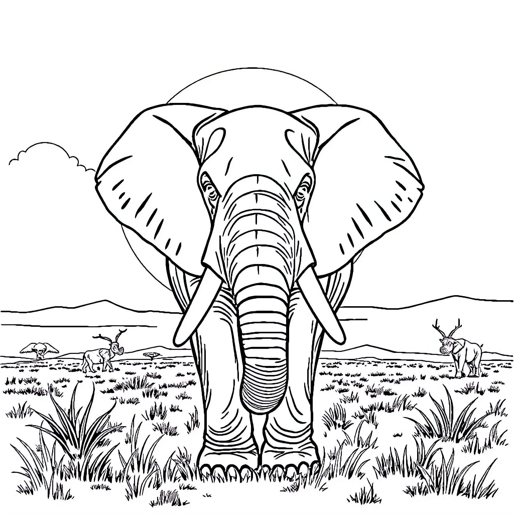 Elephant standing proudly in the African savanna Coloring Page (free black-and-white line drawing printable PDF for all, from beginners to advanced learners, including children, teens, adults, and seniors)