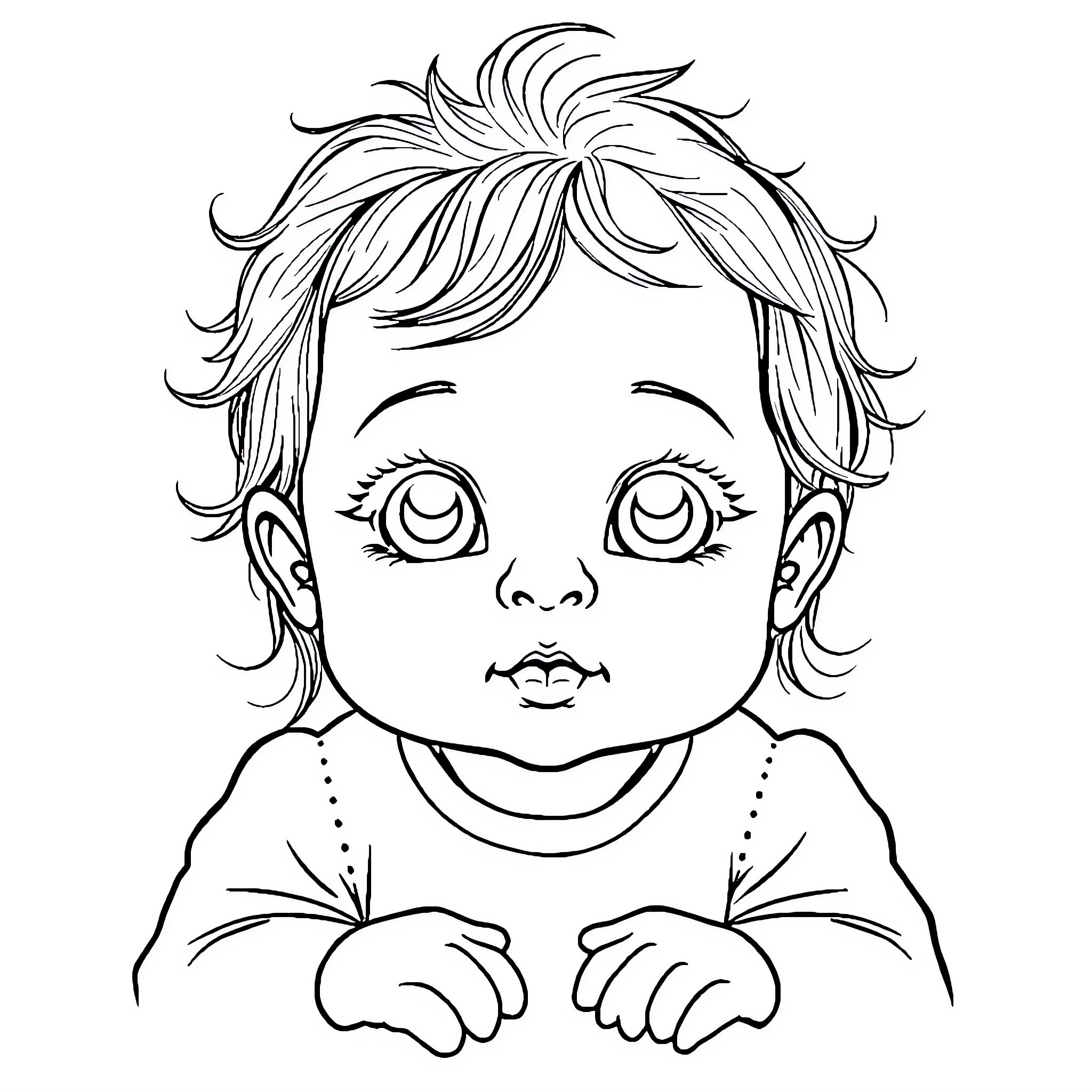 Baby Girl's Adorable Expression Coloring Page (free black-and-white line drawing printable PDF for all, from beginners to advanced learners, including children, teens, adults, and seniors)