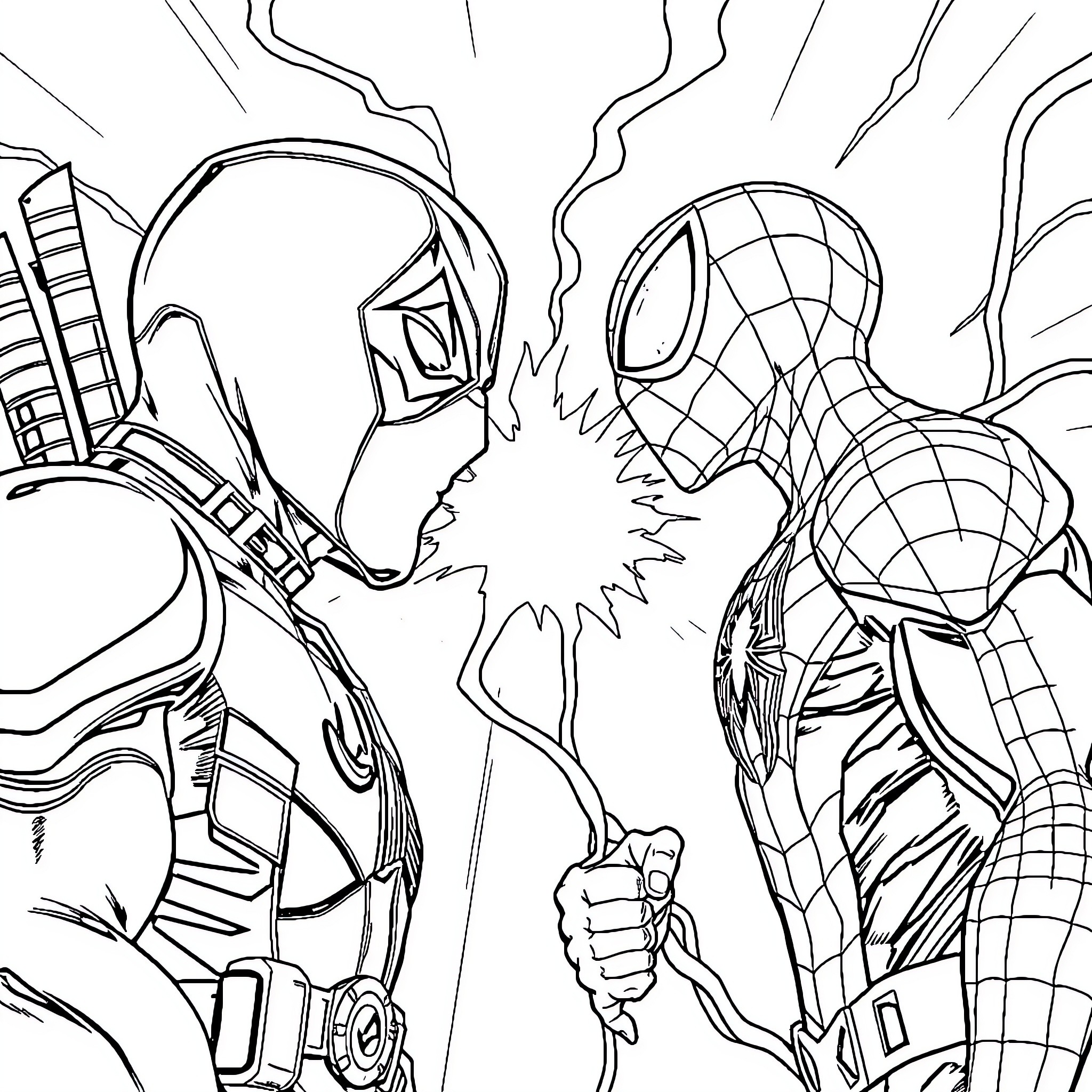Deadpool and Spider-Man in epic battle Coloring Page (free black-and-white line drawing printable PDF for all, from beginners to advanced learners, including children, teens, adults, and seniors)