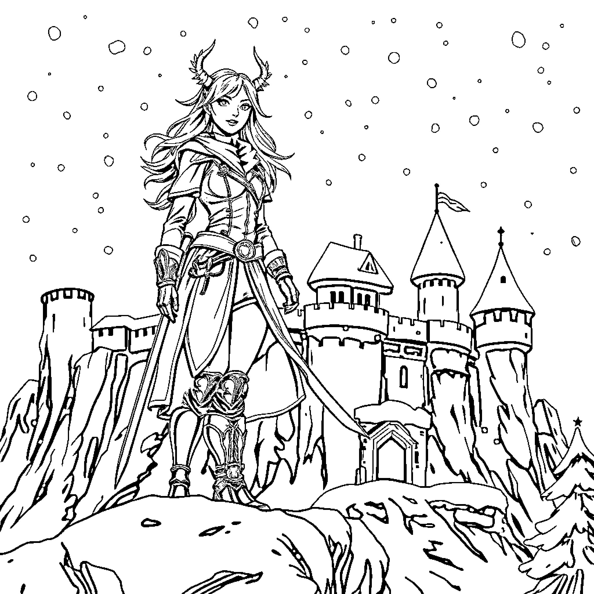 Heroine standing strong against the castle backdrop Coloring Page (free black-and-white line drawing printable PDF for all, from beginners to advanced learners, including children, teens, adults, and seniors)