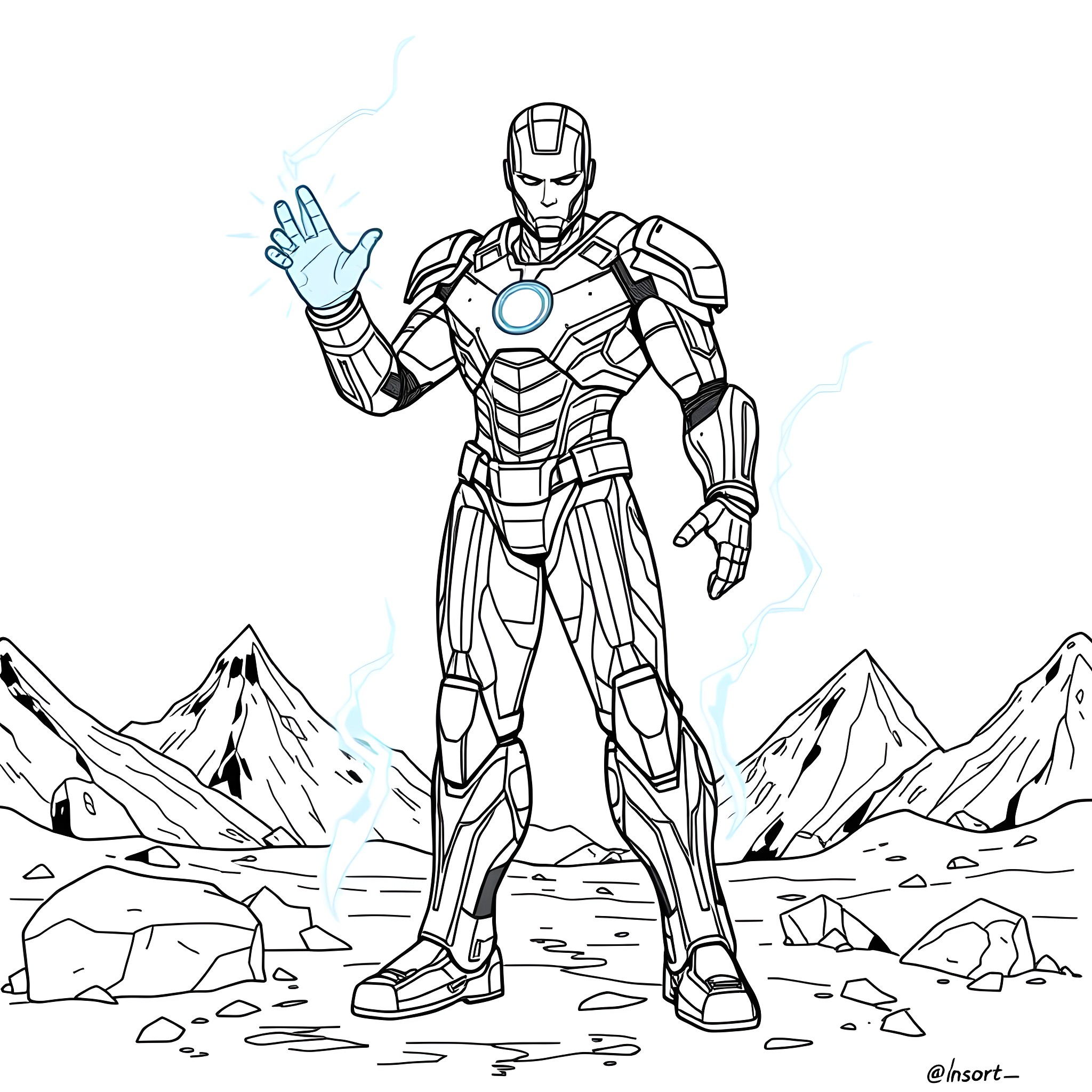 Iron Freeze - Superhero in icy landscape Coloring Page (free black-and-white line drawing printable PDF for all, from beginners to advanced learners, including children, teens, adults, and seniors)