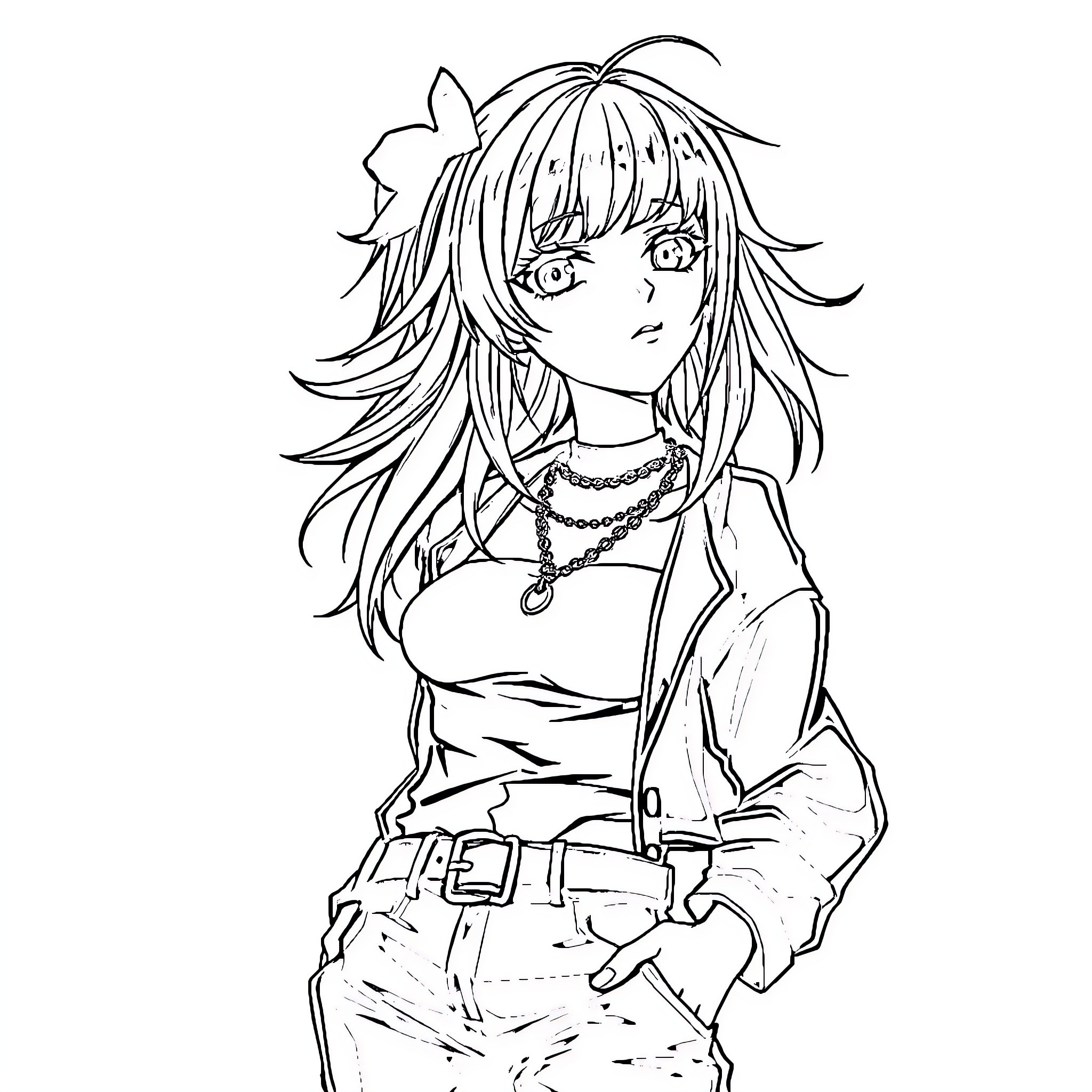 Goth Anime Girl in Casual Outfit Coloring Page (free black-and-white line drawing printable PDF for all, from beginners to advanced learners, including children, teens, adults, and seniors)