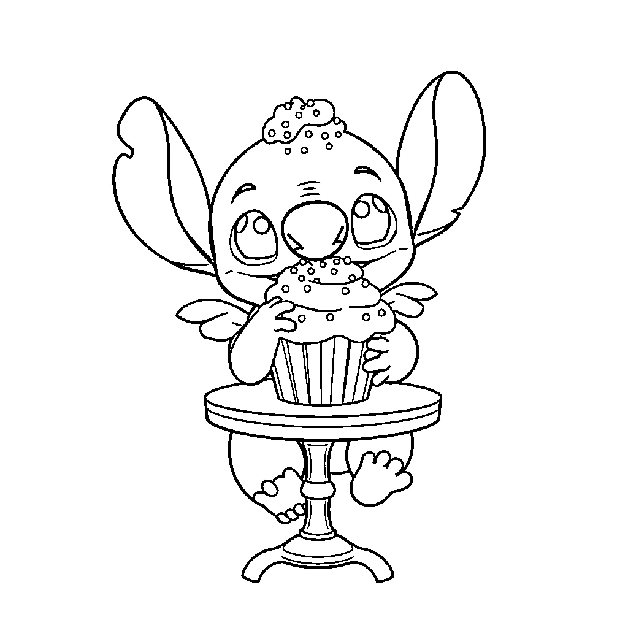 Stitch enjoying a sweet cupcake treat Coloring Page (free black-and-white line drawing printable PDF for all, from beginners to advanced learners, including children, teens, adults, and seniors)