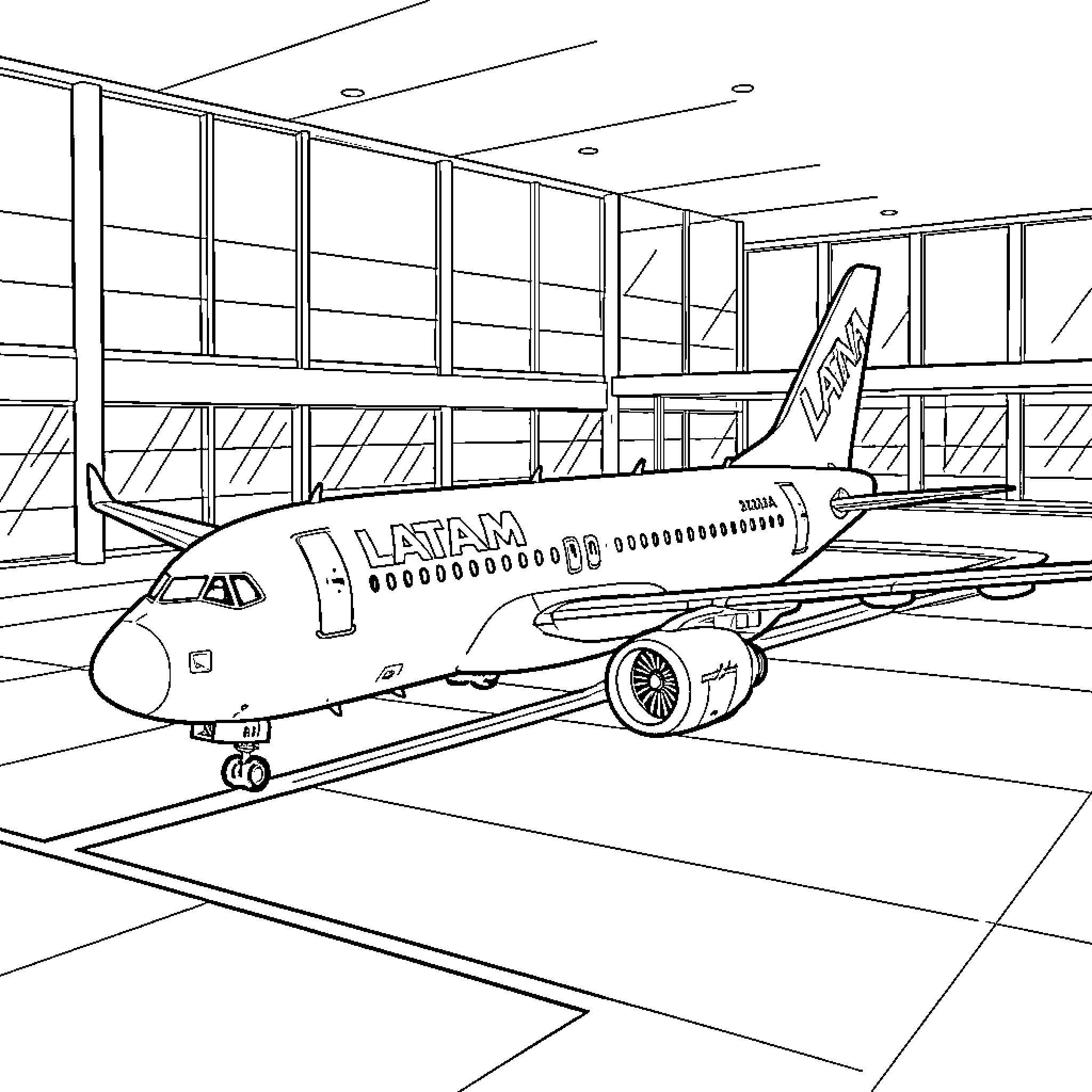 Airbus airplane parked inside a large hangar Coloring Page (free black-and-white line drawing printable PDF for all, from beginners to advanced learners, including children, teens, adults, and seniors)