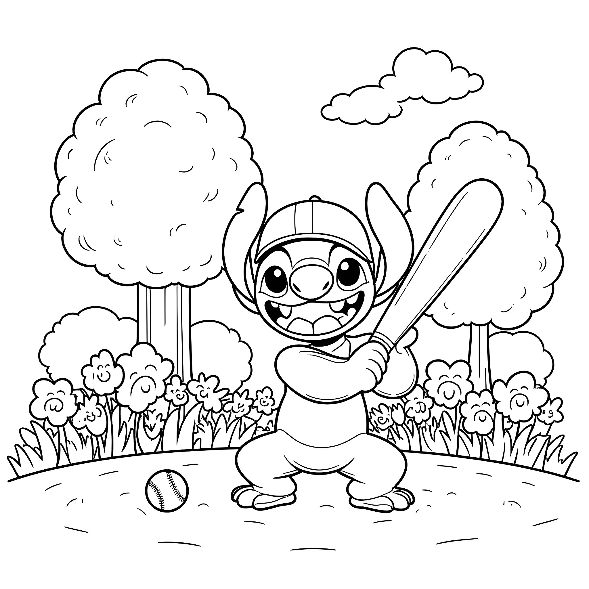 Stitch playing baseball in the park Coloring Page (free black-and-white line drawing printable PDF for all, from beginners to advanced learners, including children, teens, adults, and seniors)