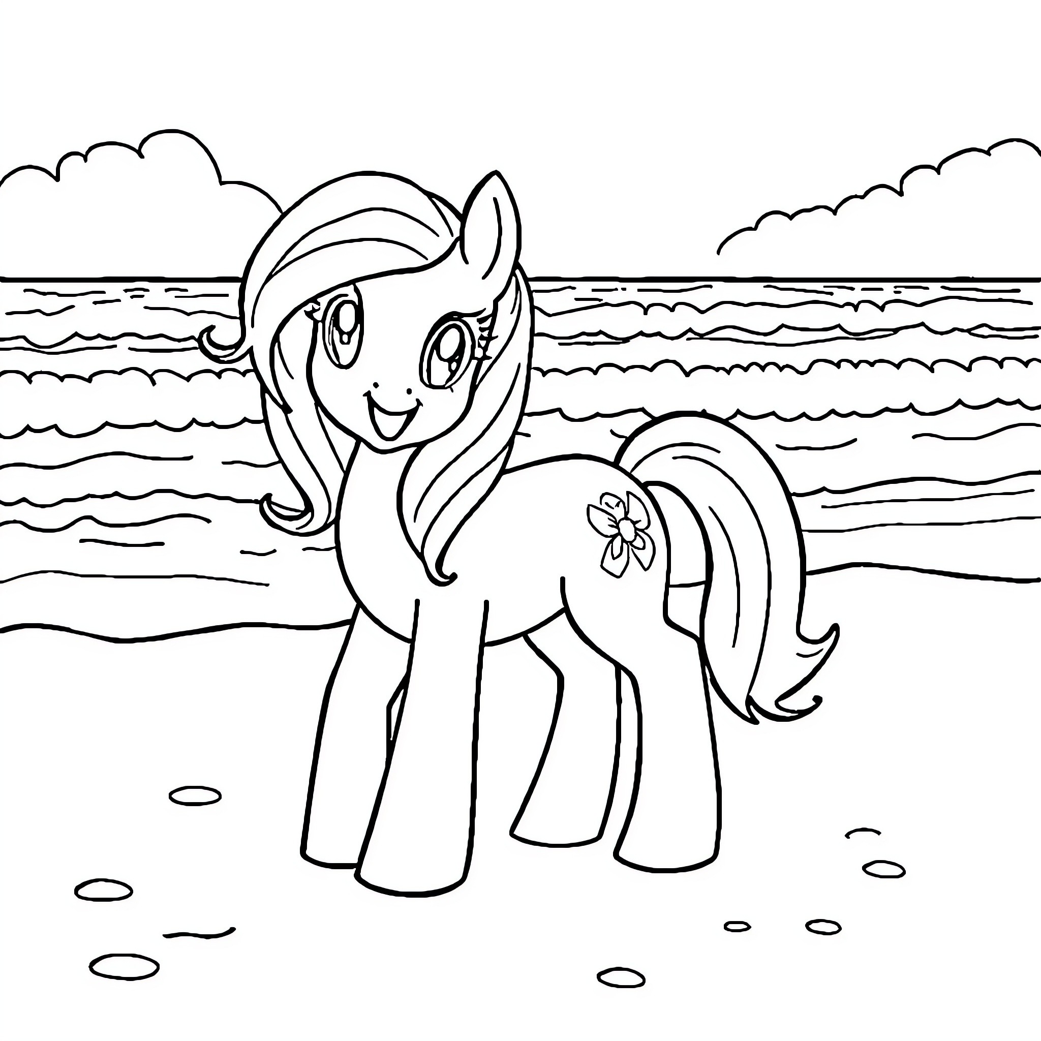 My Little Pony at the Seaside Coloring Page (free black-and-white line drawing printable PDF for all, from beginners to advanced learners, including children, teens, adults, and seniors)
