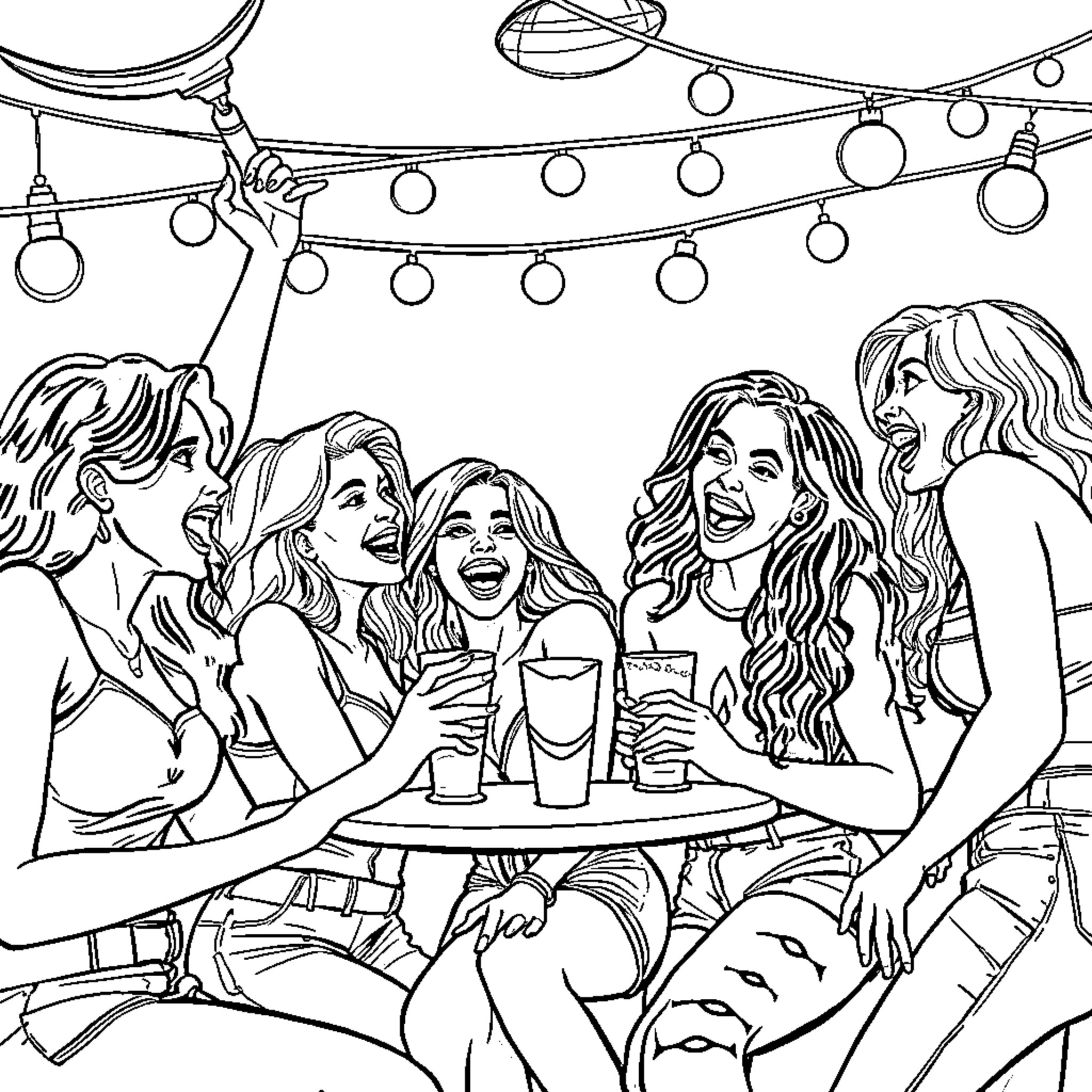 Lesbian friends enjoying a night out together Coloring Page (free black-and-white line drawing printable PDF for all, from beginners to advanced learners, including children, teens, adults, and seniors)