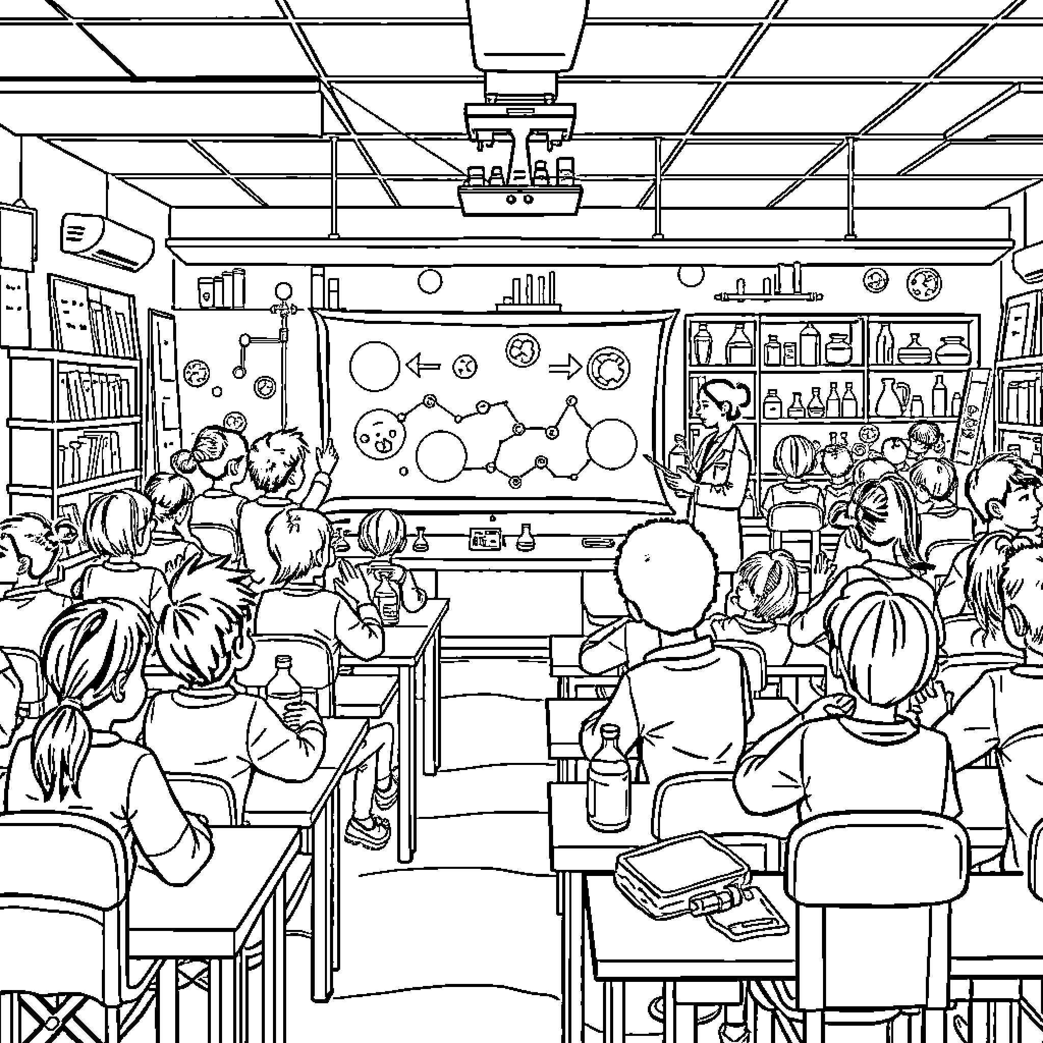 Science Classroom with Engaged Students and Instructor Coloring Page (free black-and-white line drawing printable PDF for all, from beginners to advanced learners, including children, teens, adults, and seniors)
