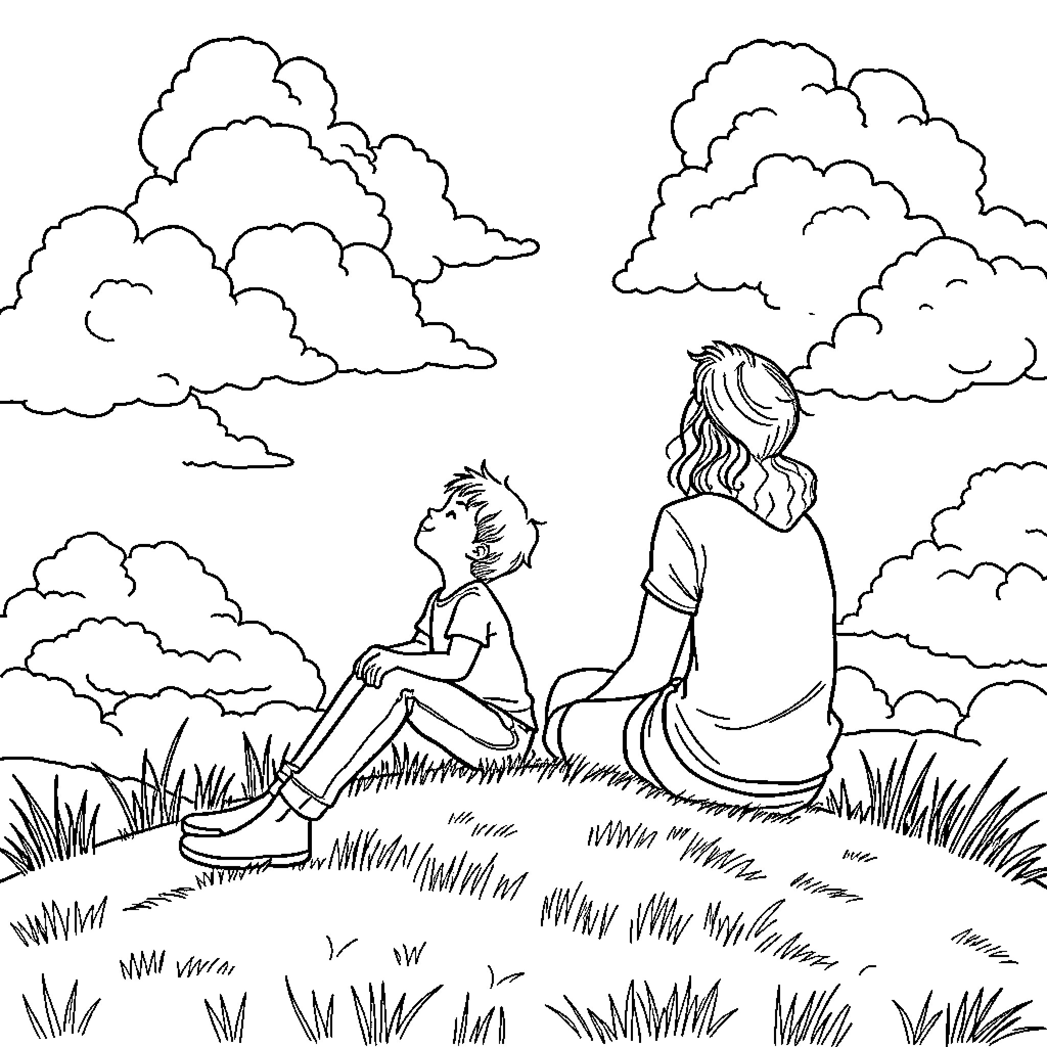 Family relaxing in the peaceful countryside Coloring Page (free black-and-white line drawing printable PDF for all, from beginners to advanced learners, including children, teens, adults, and seniors)