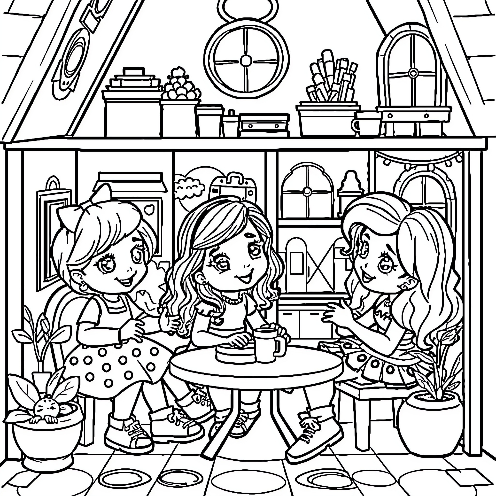 Gabby Dollhouse: Friends Enjoying Pretend Play Coloring Page (free black-and-white line drawing printable PDF for all, from beginners to advanced learners, including children, teens, adults, and seniors)