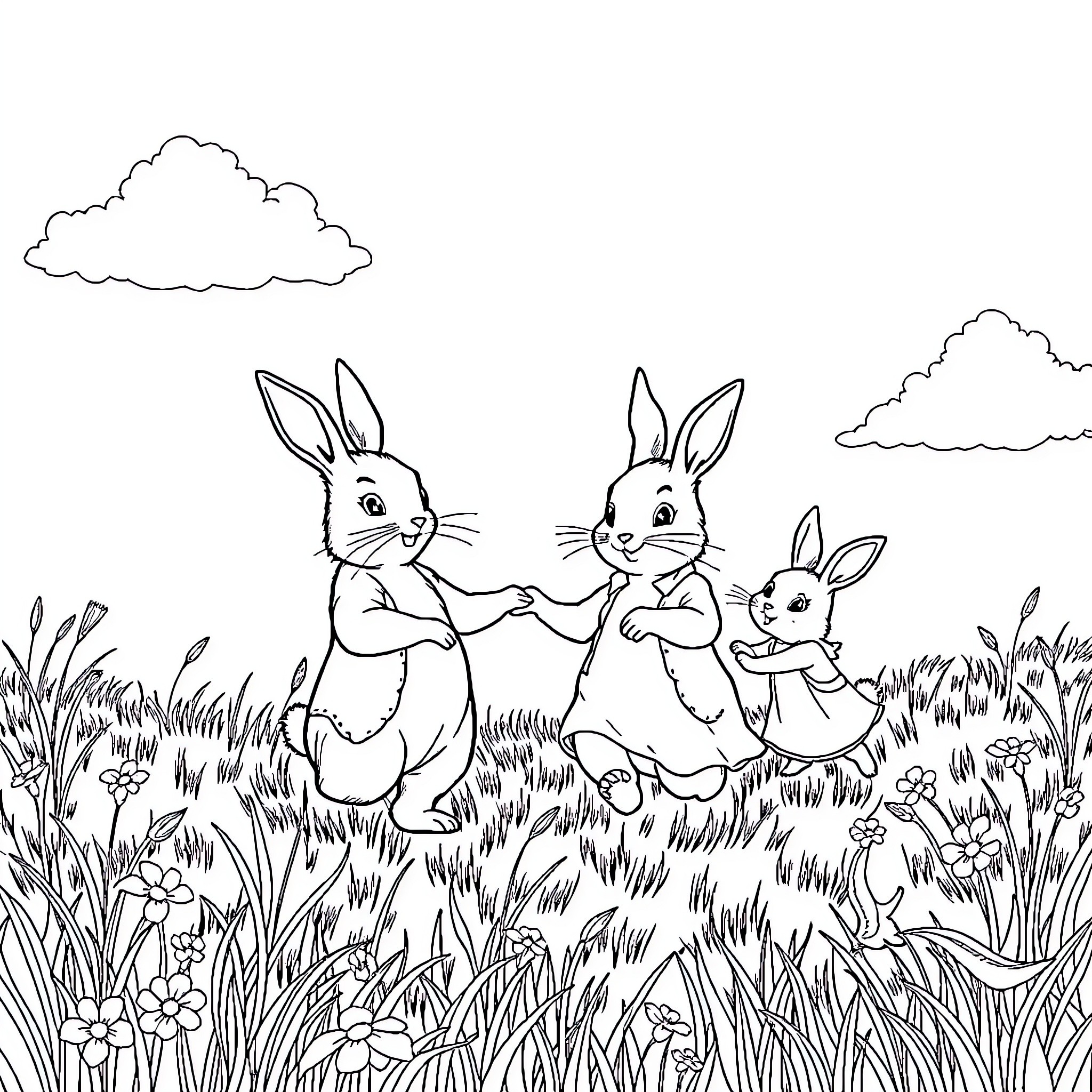 Peter Rabbit and his friends exploring the countryside Coloring Page (free black-and-white line drawing printable PDF for all, from beginners to advanced learners, including children, teens, adults, and seniors)