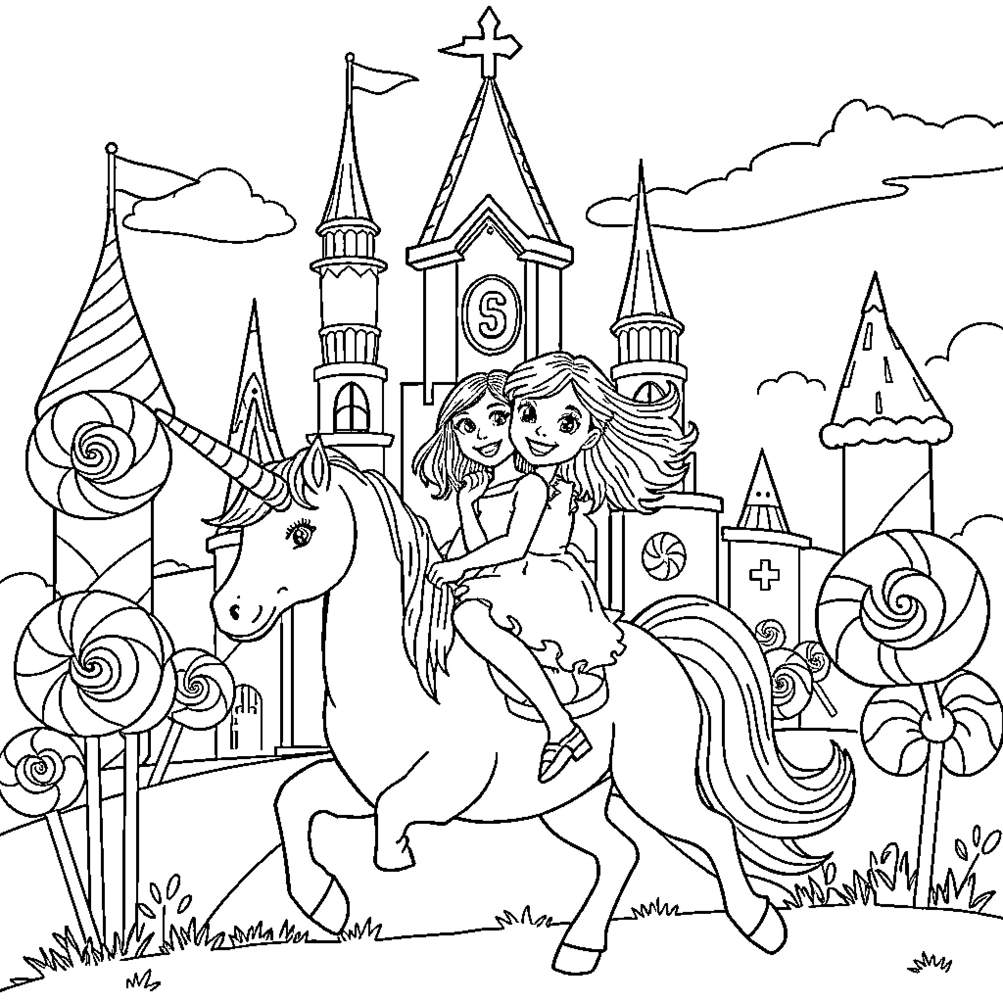 Unicorn Carrying Two Girls in a Magical Castle Scene Coloring Page (free black-and-white line drawing printable PDF for all, from beginners to advanced learners, including children, teens, adults, and seniors)