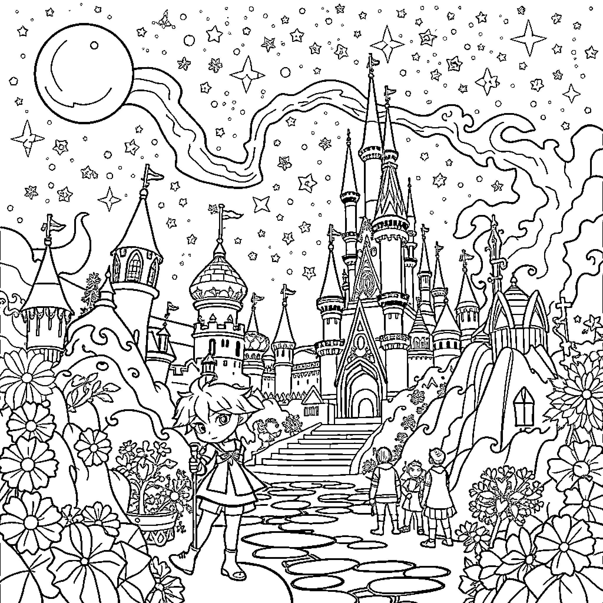 Kingdom Hearts: Enchanting Castle and Fantastical Scenes Coloring Page (free black-and-white line drawing printable PDF for all, from beginners to advanced learners, including children, teens, adults, and seniors)