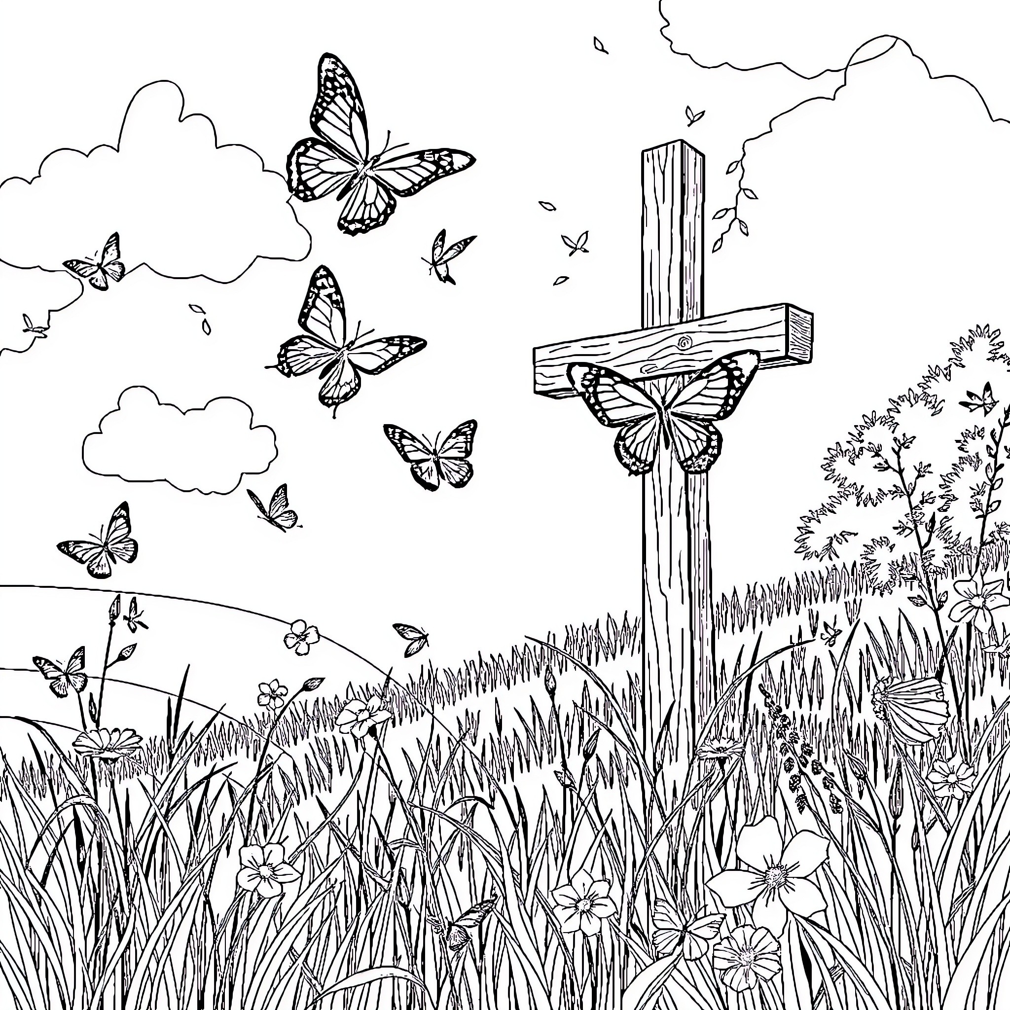 Butterfly Sanctuary in Scenic Meadow Coloring Page (free black-and-white line drawing printable PDF for all, from beginners to advanced learners, including children, teens, adults, and seniors)