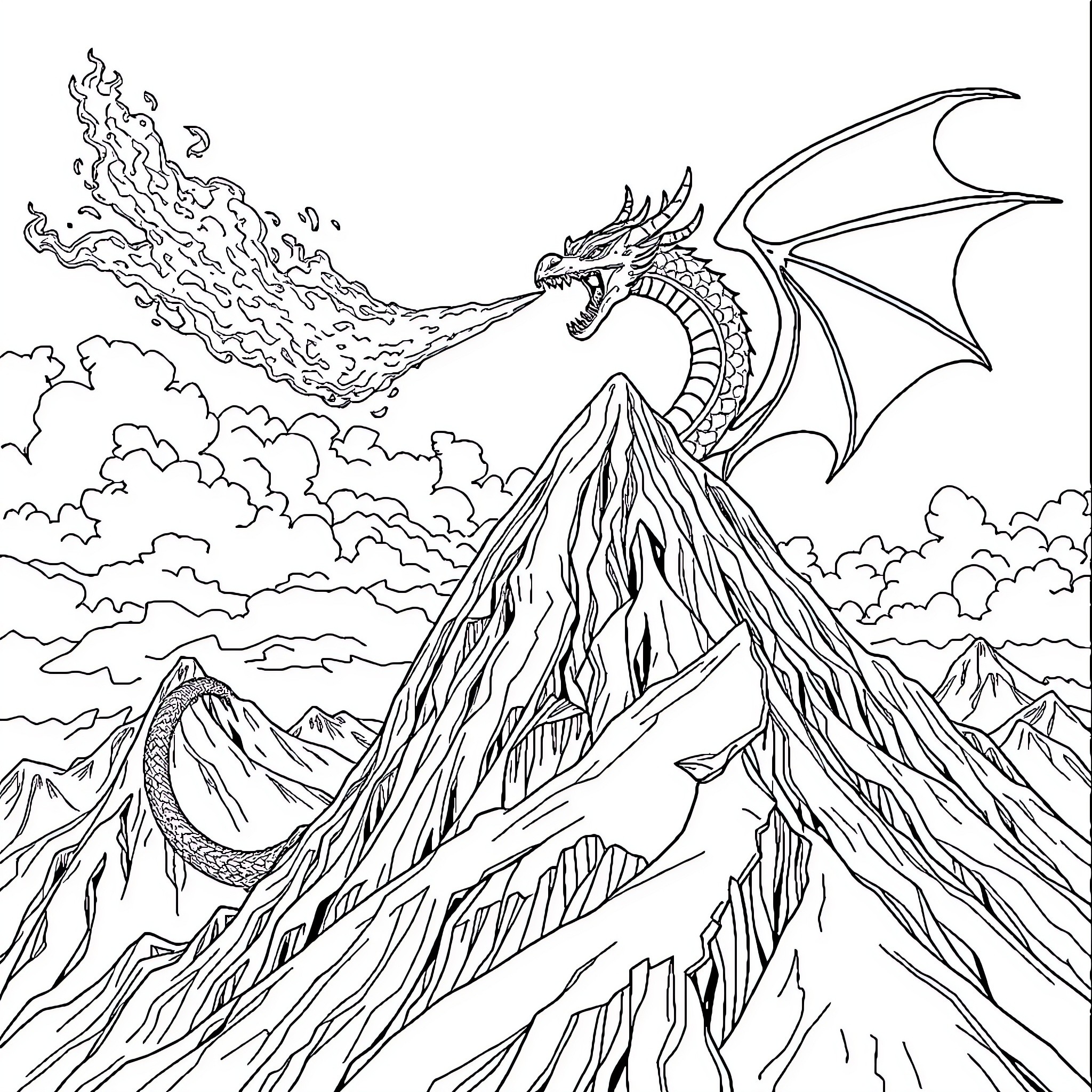 Dragon unleashing fiery breath over mountain peaks Coloring Page (free black-and-white line drawing printable PDF for all, from beginners to advanced learners, including children, teens, adults, and seniors)