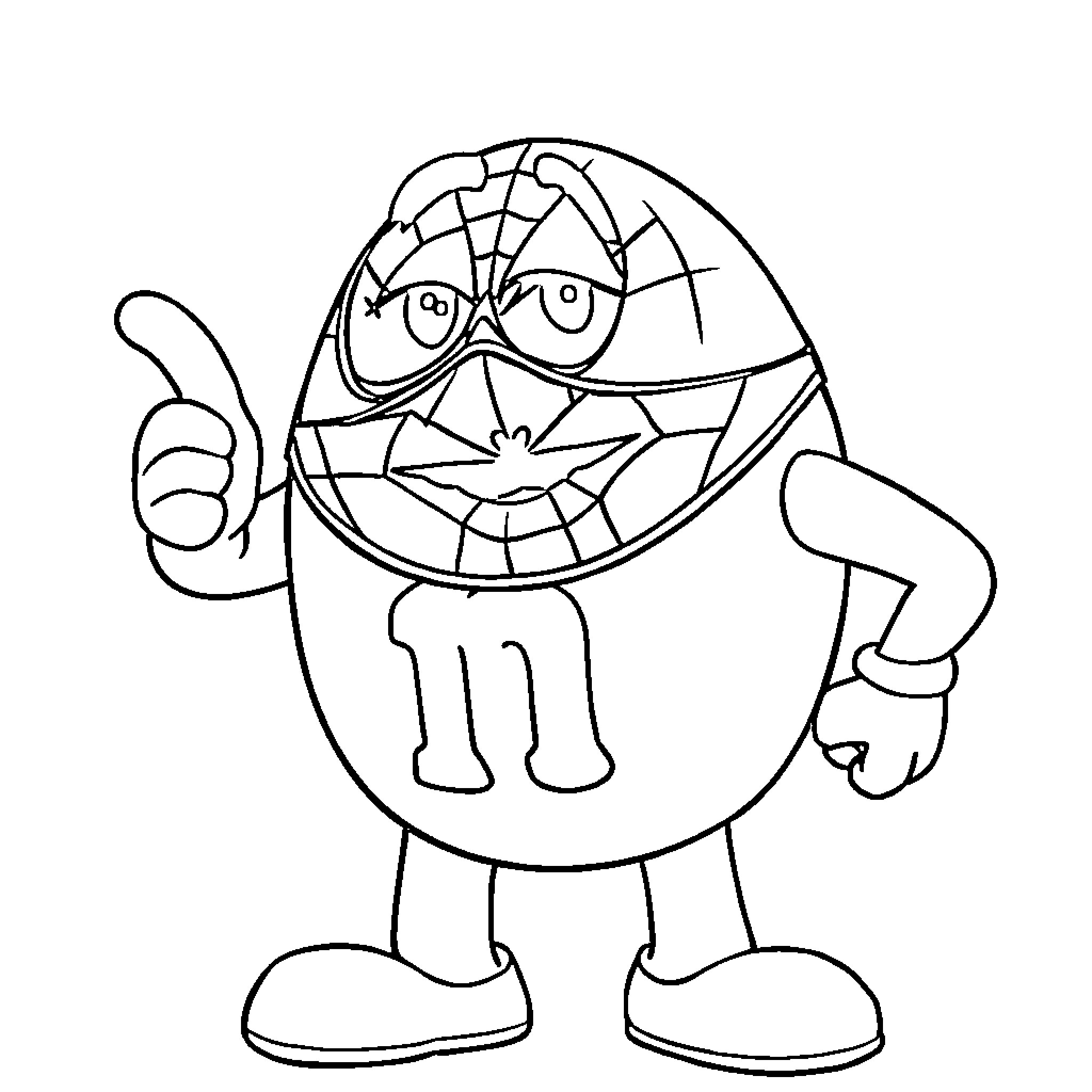 M&m character giving a thumbs up Coloring Page (free black-and-white line drawing printable PDF for all, from beginners to advanced learners, including children, teens, adults, and seniors)