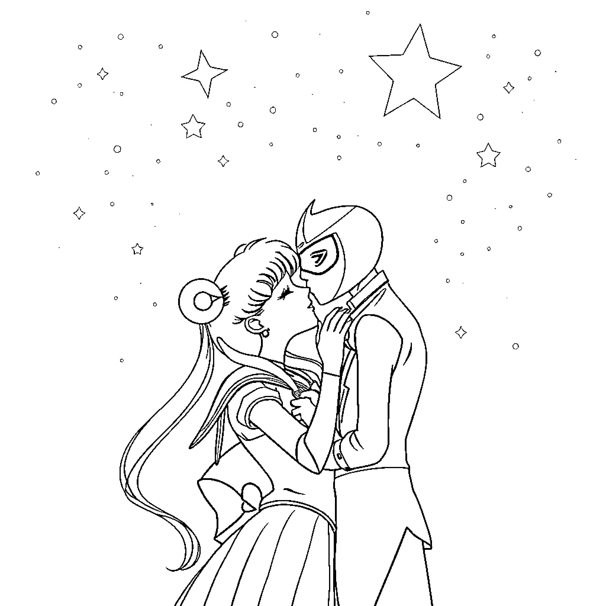 Sailor Moon characters in romantic embrace under starry sky Coloring Page (free black-and-white line drawing printable PDF for all, from beginners to advanced learners, including children, teens, adults, and seniors)